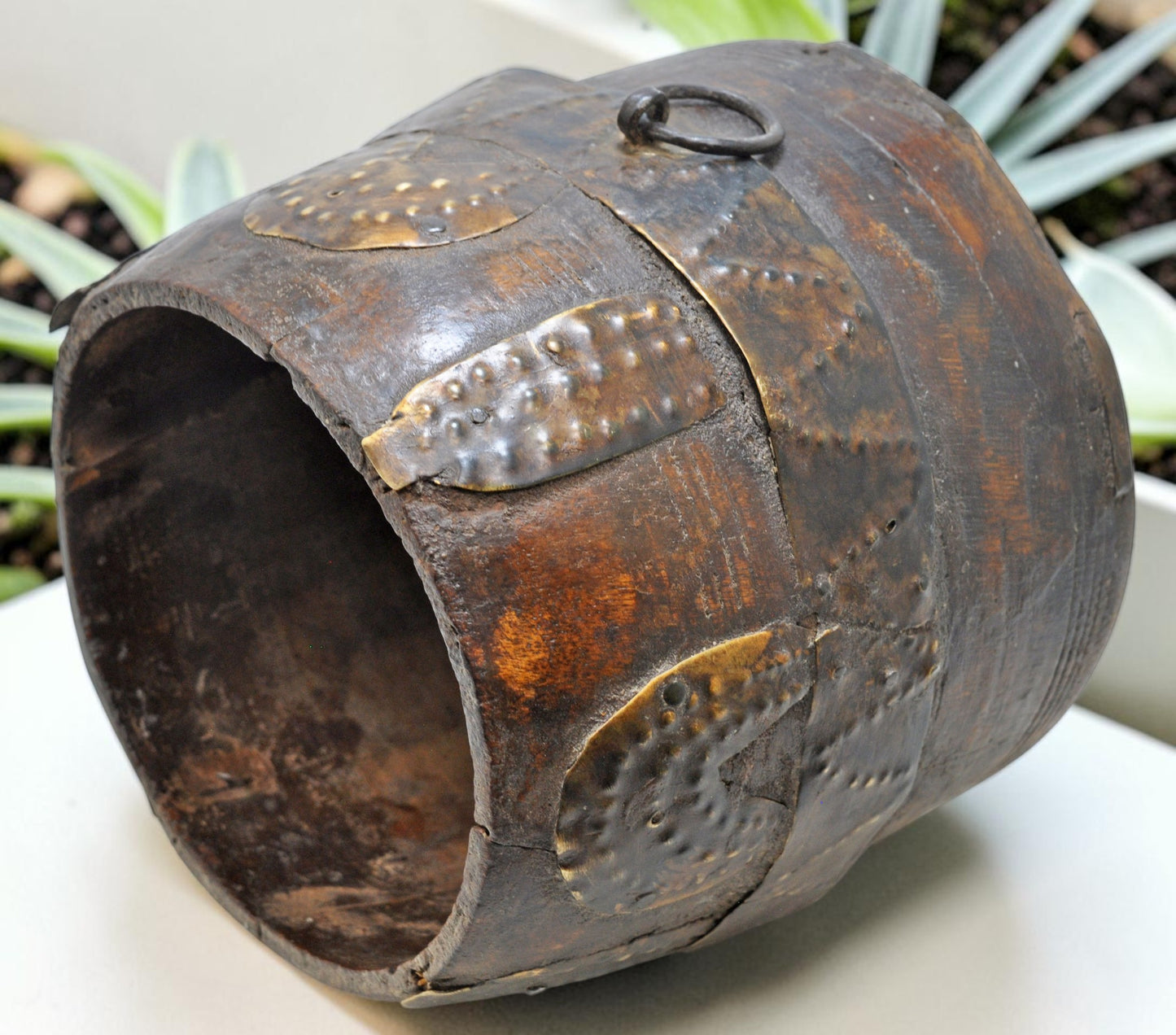 Antique Wooden Grain Measurement Pot Original Old Hand Carved Metal Fitted