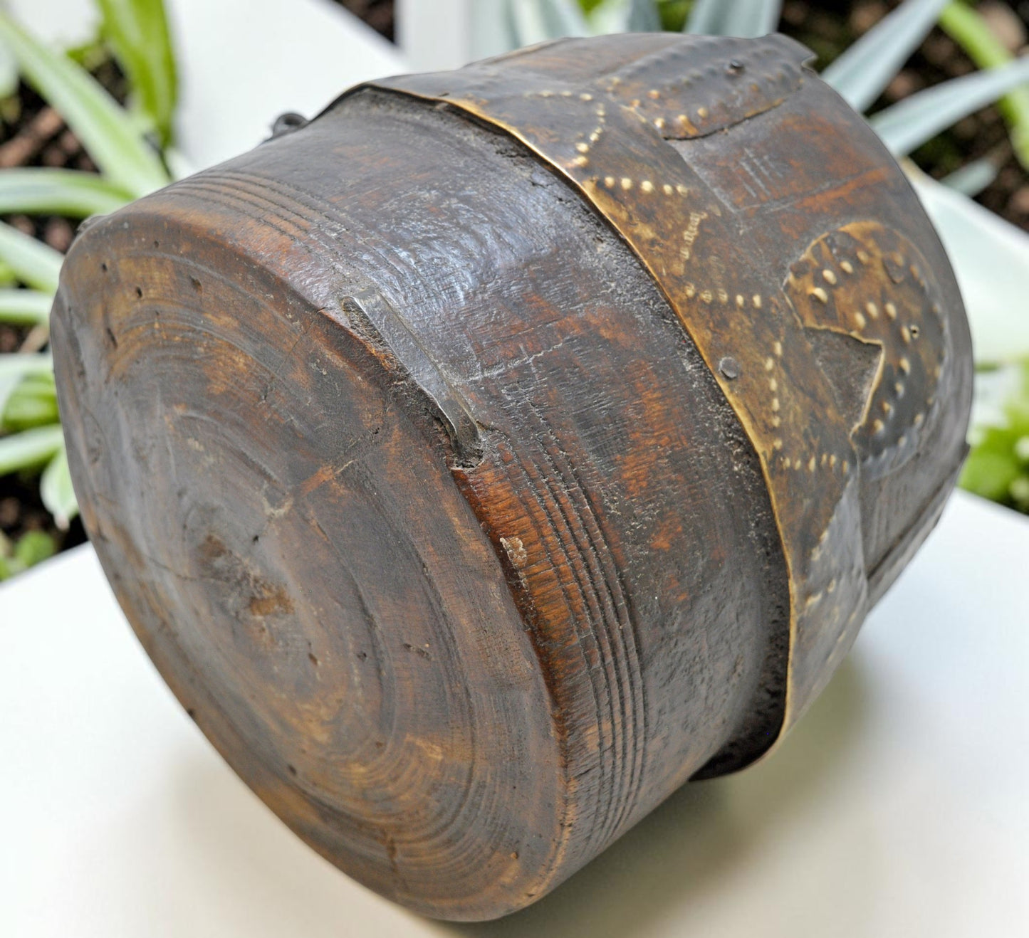 Antique Wooden Grain Measurement Pot Original Old Hand Carved Metal Fitted