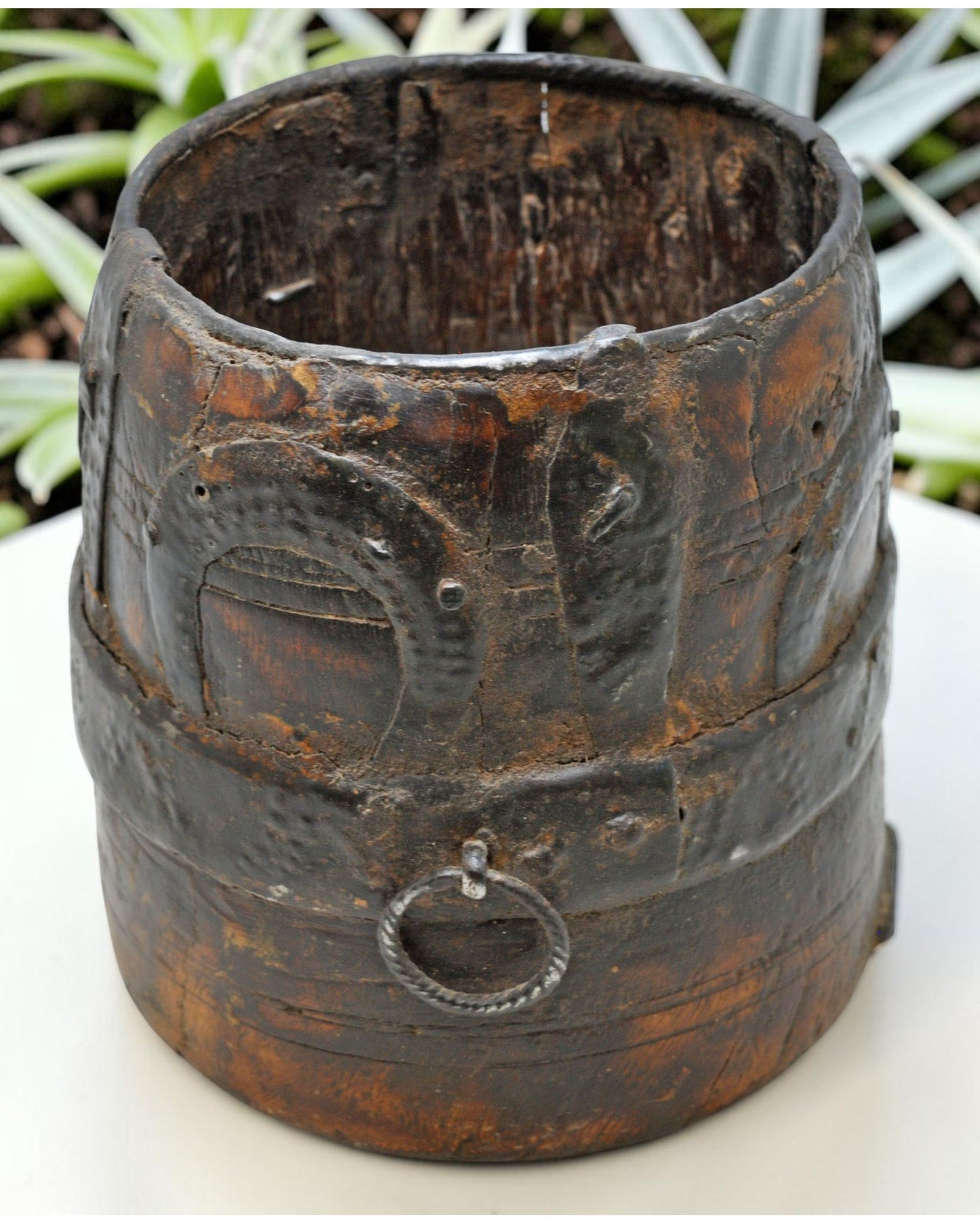 Antique Wooden Grain Measurement Pot Original Old Hand Carved Metal Fitted