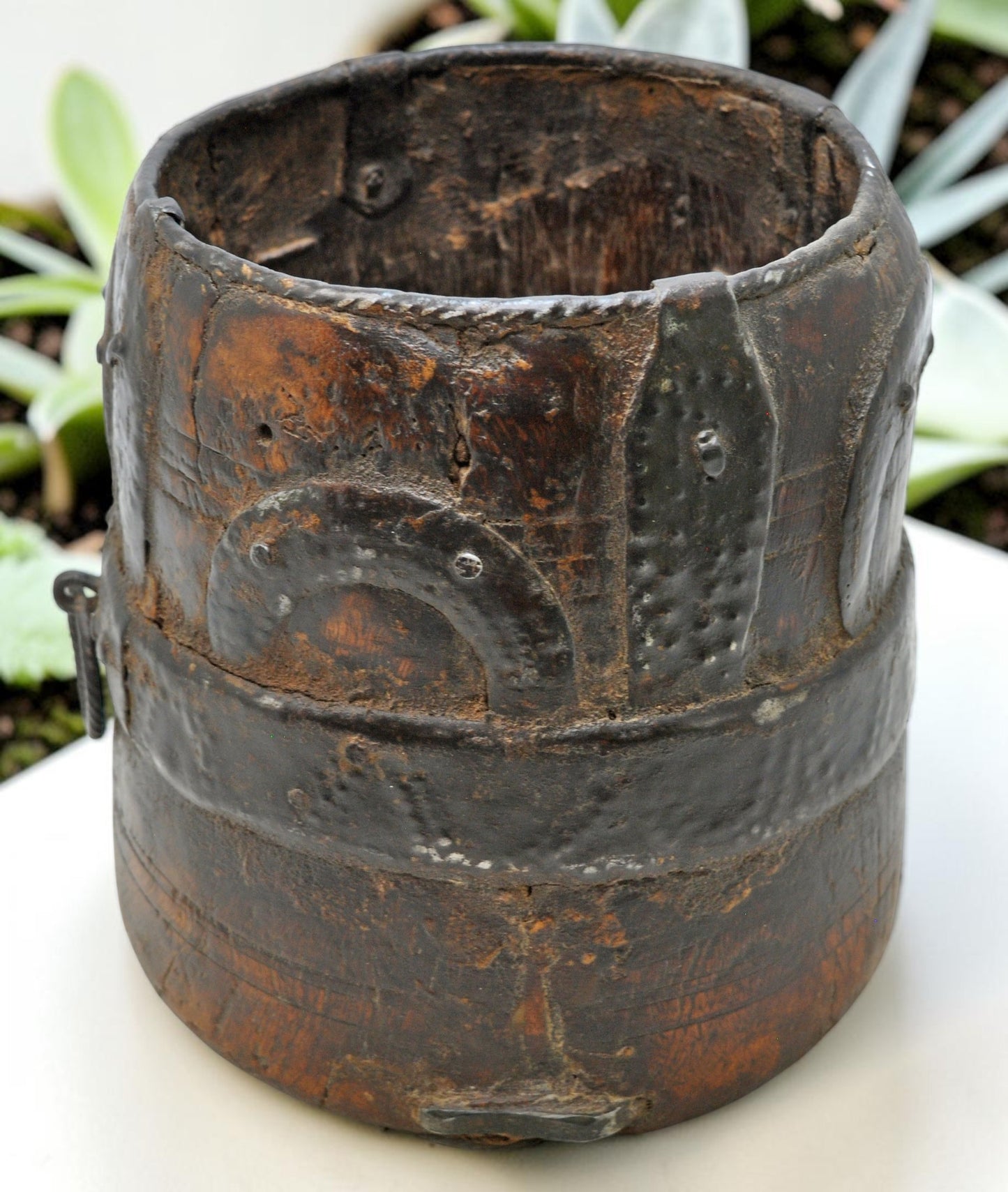Antique Wooden Grain Measurement Pot Original Old Hand Carved Metal Fitted