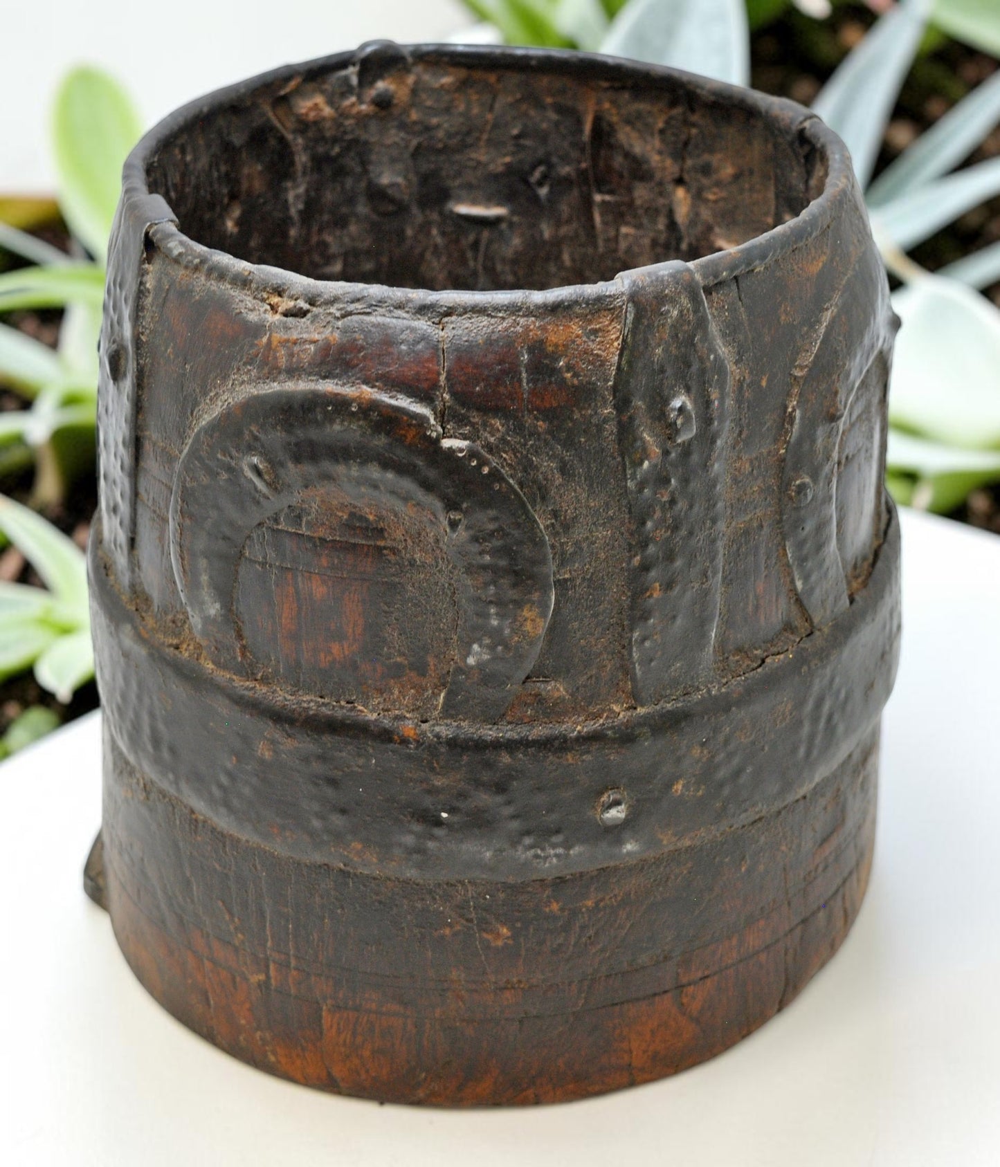 Antique Wooden Grain Measurement Pot Original Old Hand Carved Metal Fitted