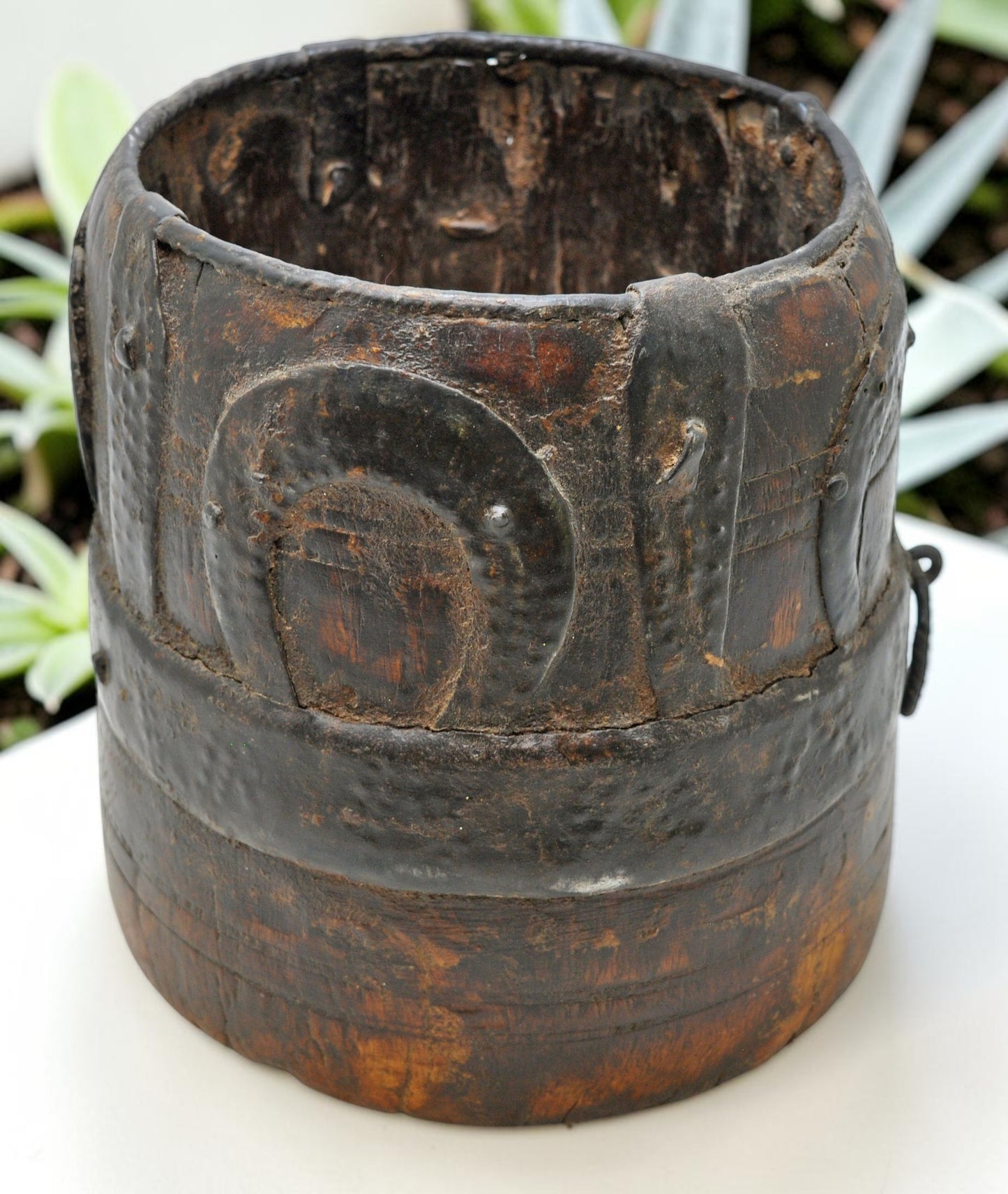 Antique Wooden Grain Measurement Pot Original Old Hand Carved Metal Fitted