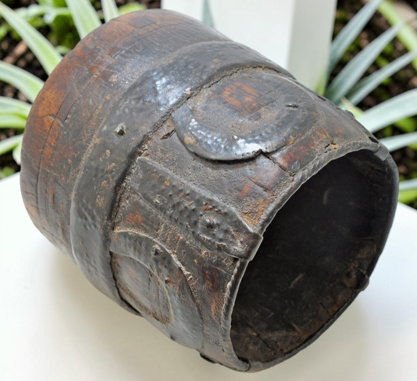 Antique Wooden Grain Measurement Pot Original Old Hand Carved Metal Fitted