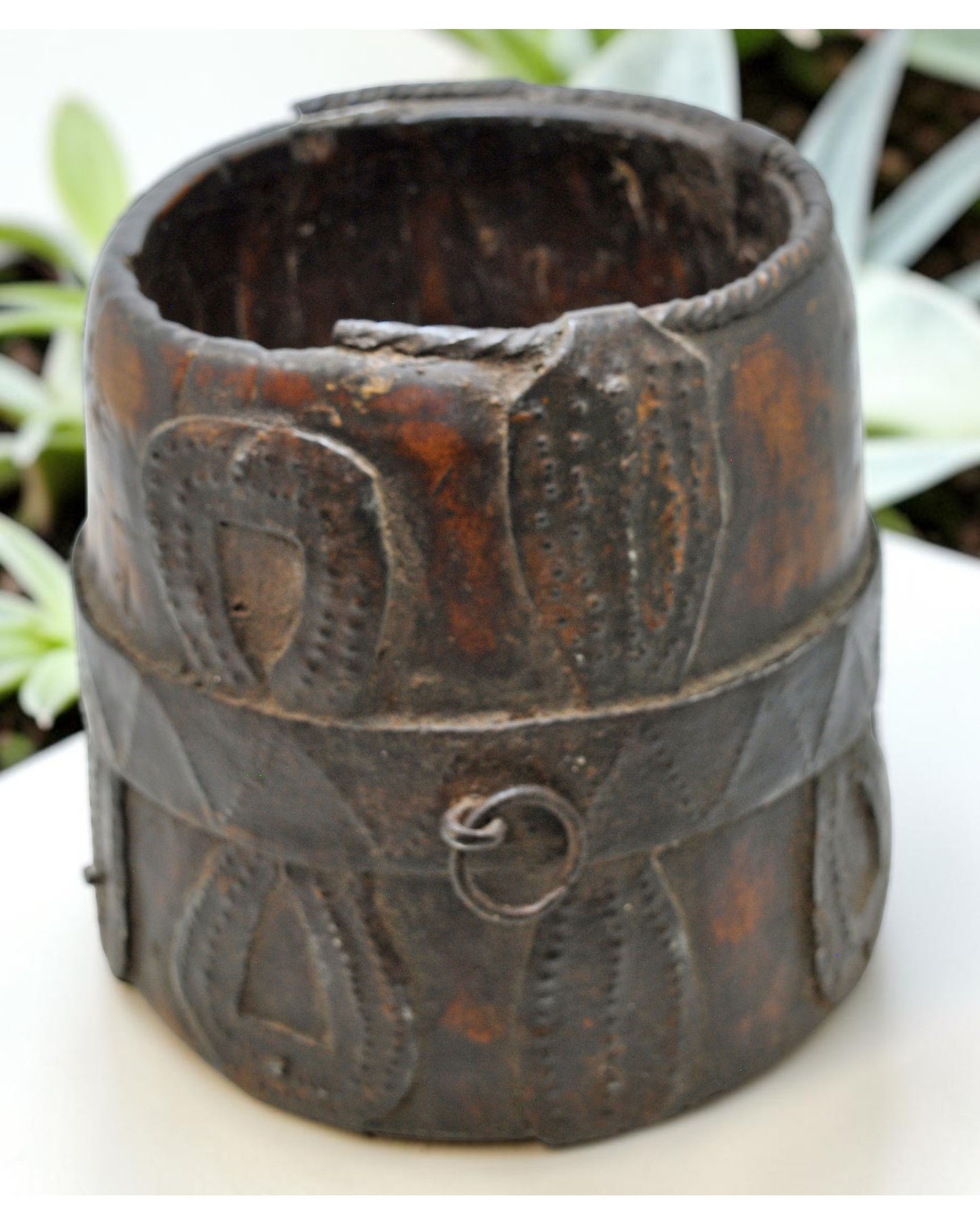 Antique Wooden Grain Measurement Pot Original Old Hand Carved Metal Fitted