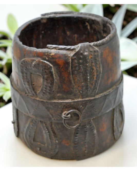 Antique Wooden Grain Measurement Pot Original Old Hand Carved Metal Fitted