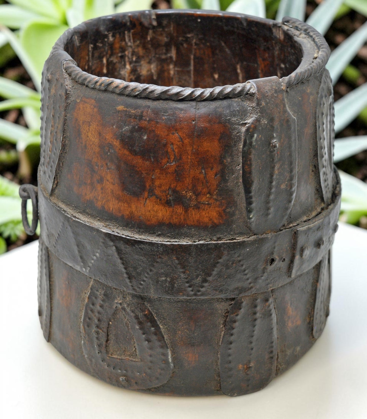 Antique Wooden Grain Measurement Pot Original Old Hand Carved Metal Fitted