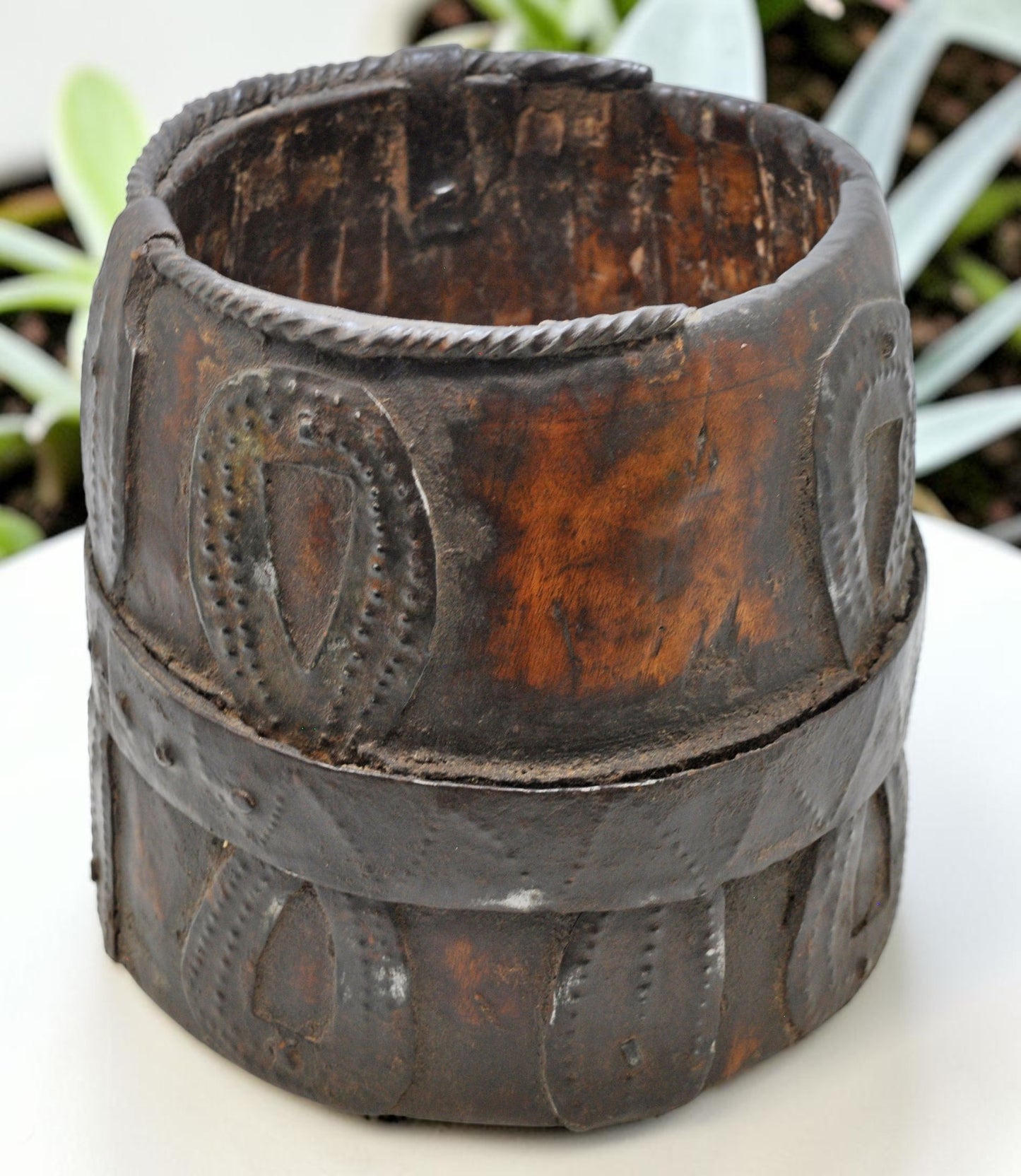 Antique Wooden Grain Measurement Pot Original Old Hand Carved Metal Fitted