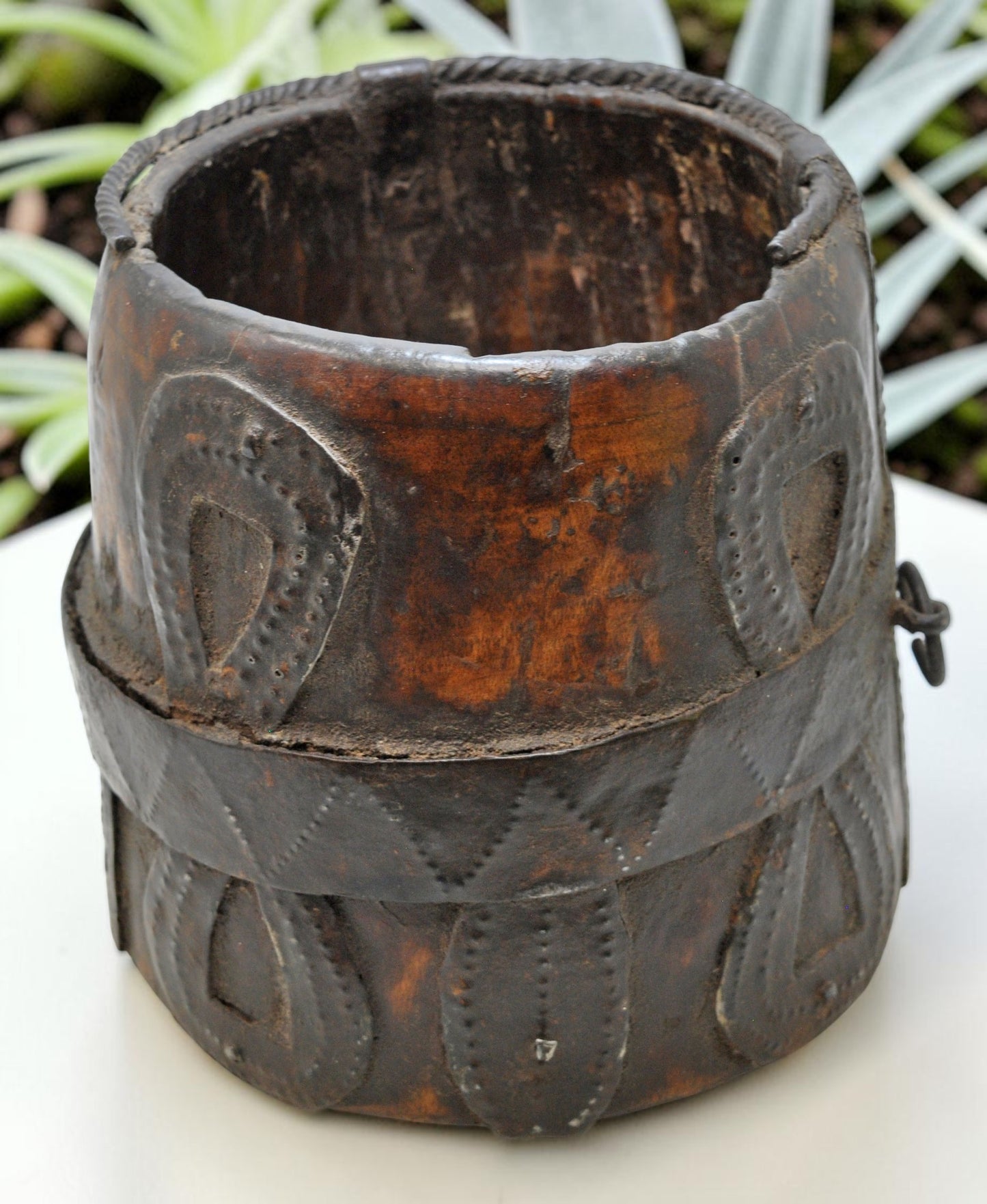 Antique Wooden Grain Measurement Pot Original Old Hand Carved Metal Fitted