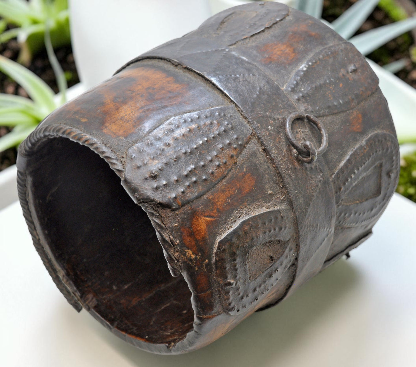 Antique Wooden Grain Measurement Pot Original Old Hand Carved Metal Fitted
