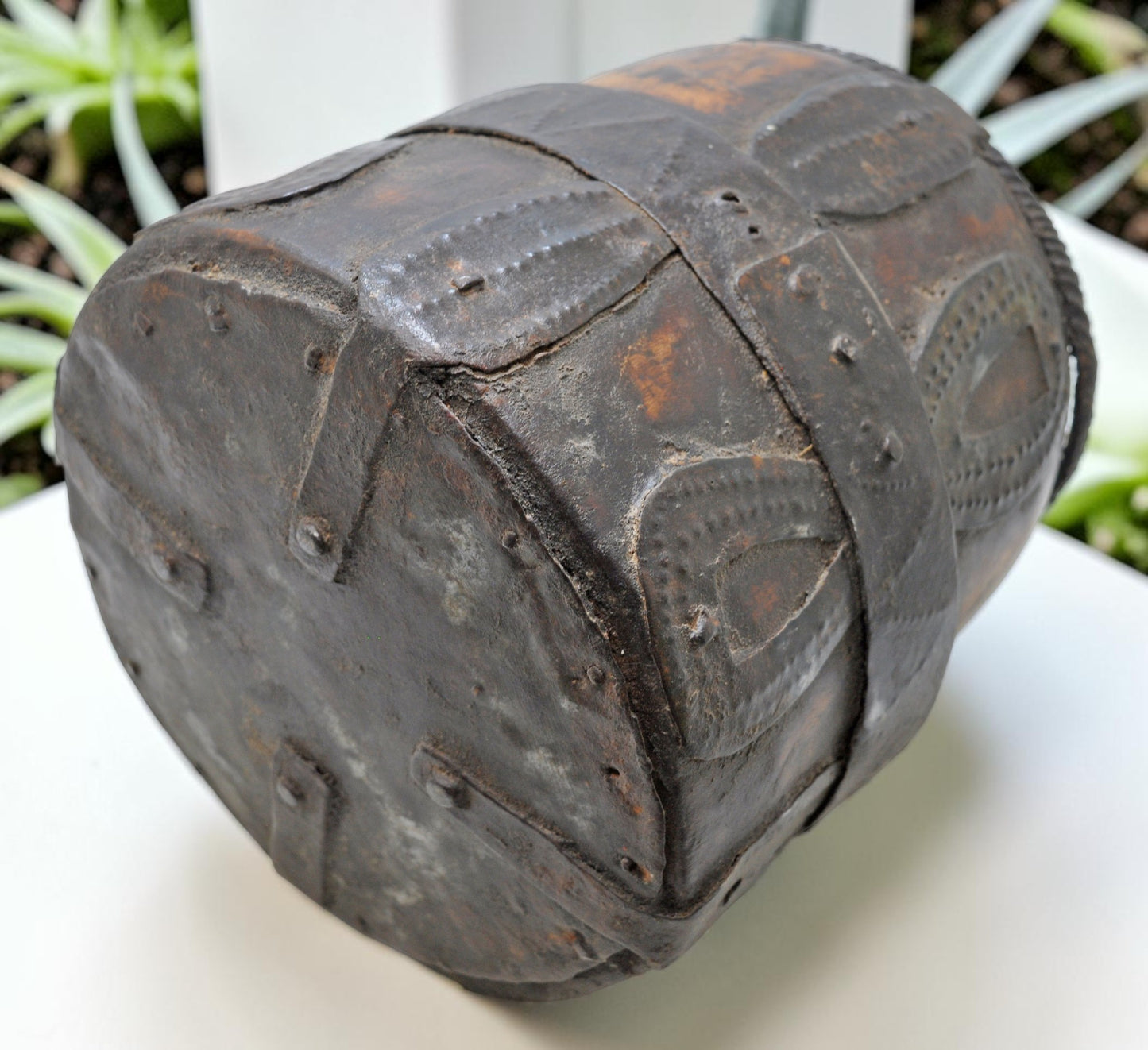 Antique Wooden Grain Measurement Pot Original Old Hand Carved Metal Fitted