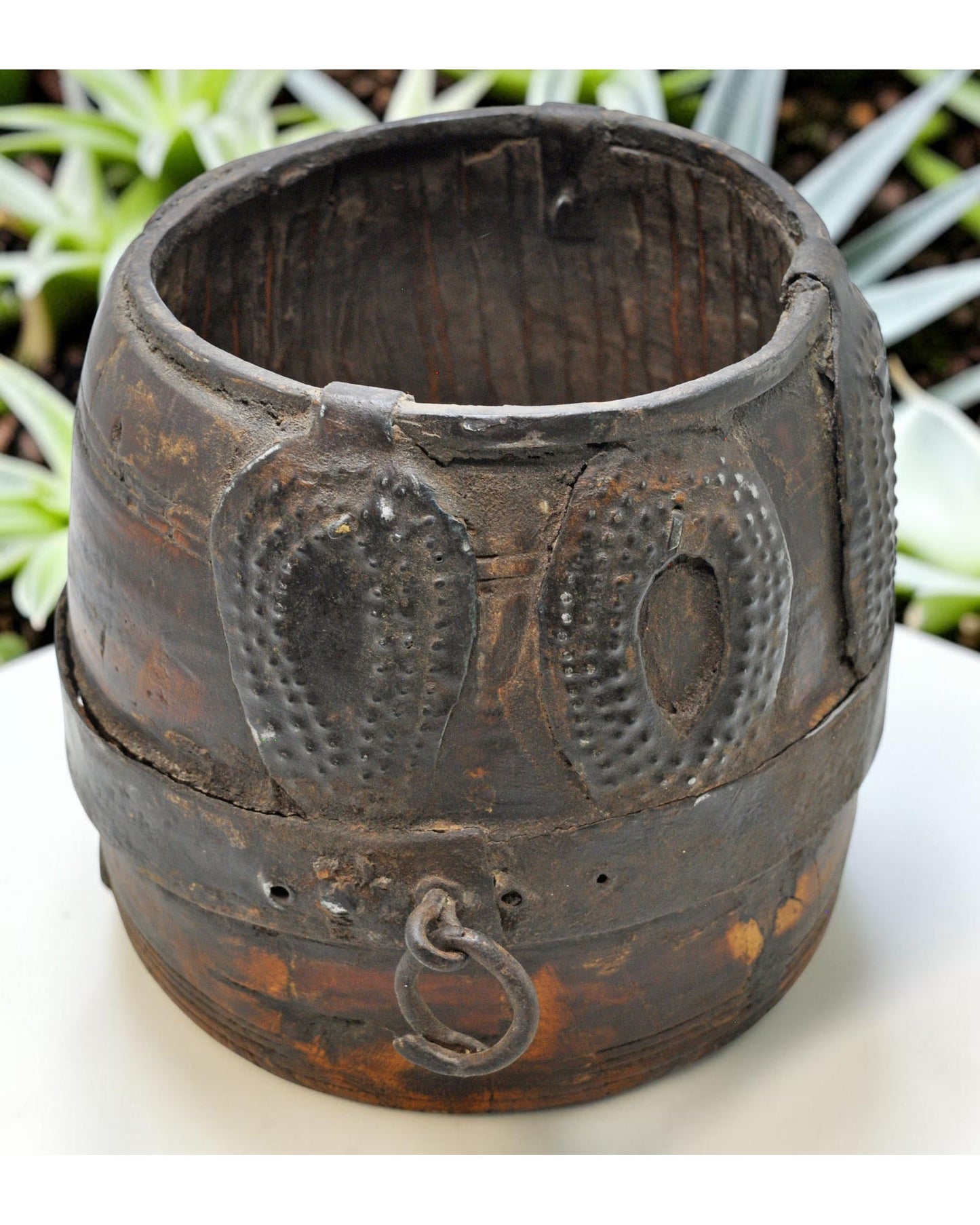Antique Wooden Grain Measurement Pot Original Old Hand Carved Metal Fitted