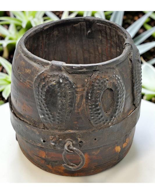 Antique Wooden Grain Measurement Pot Original Old Hand Carved Metal Fitted
