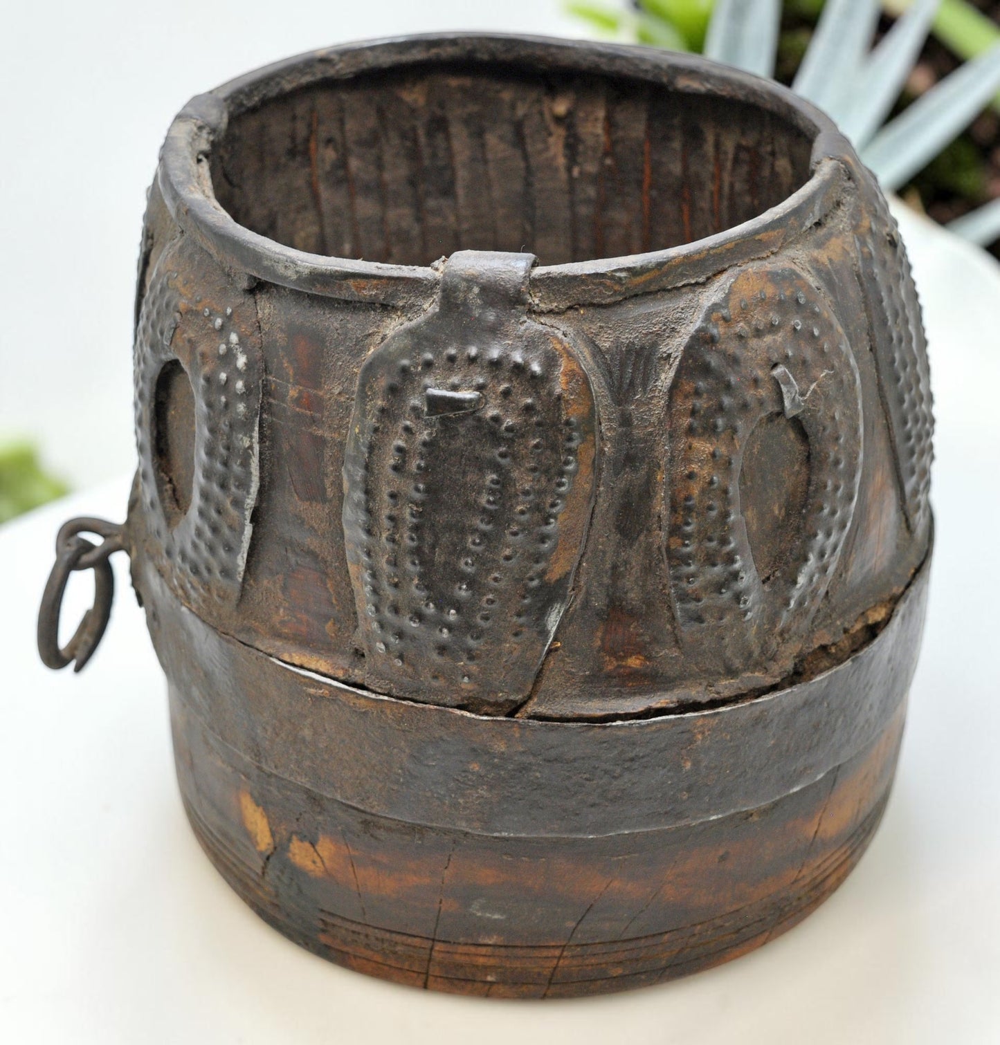 Antique Wooden Grain Measurement Pot Original Old Hand Carved Metal Fitted