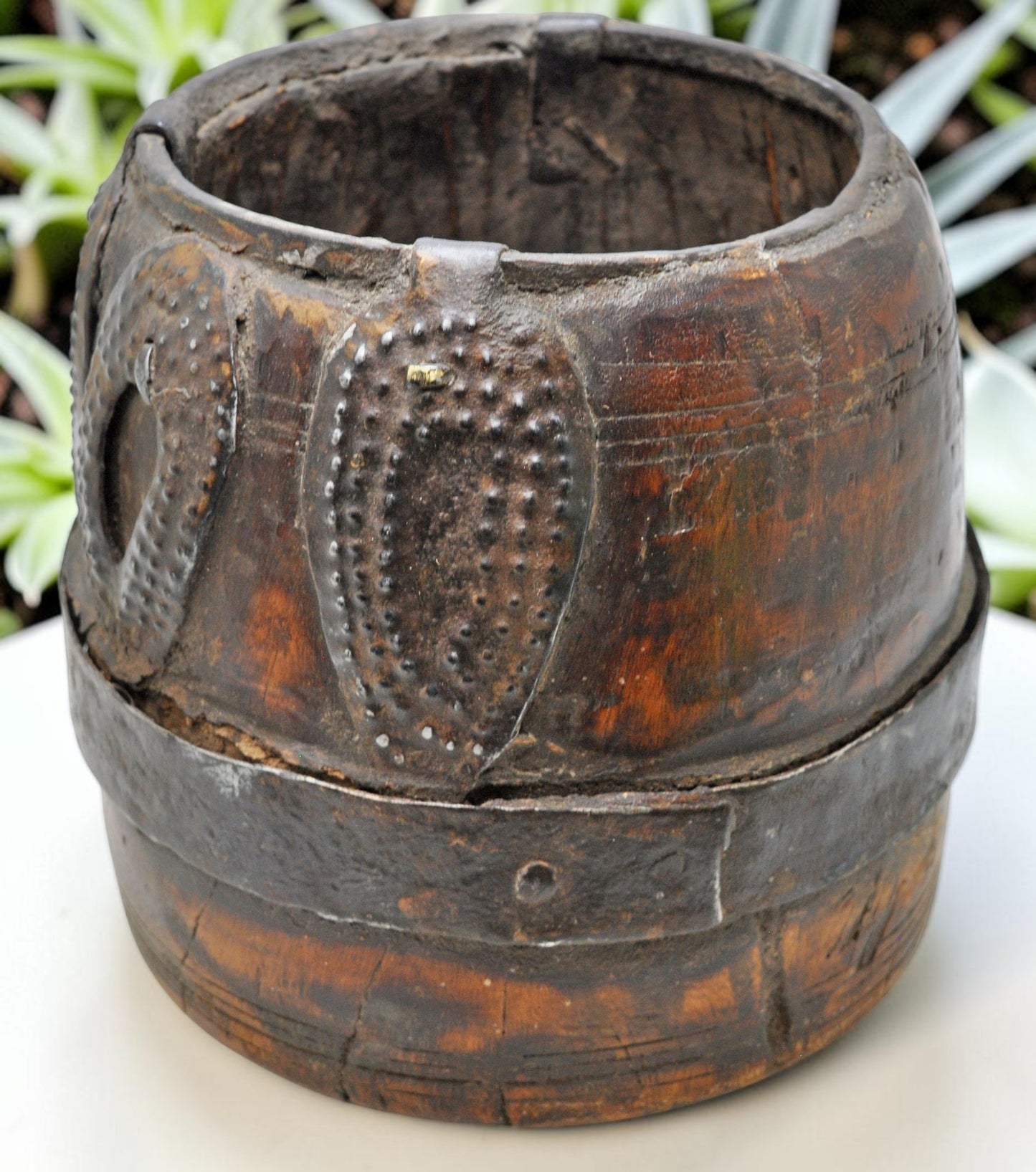 Antique Wooden Grain Measurement Pot Original Old Hand Carved Metal Fitted
