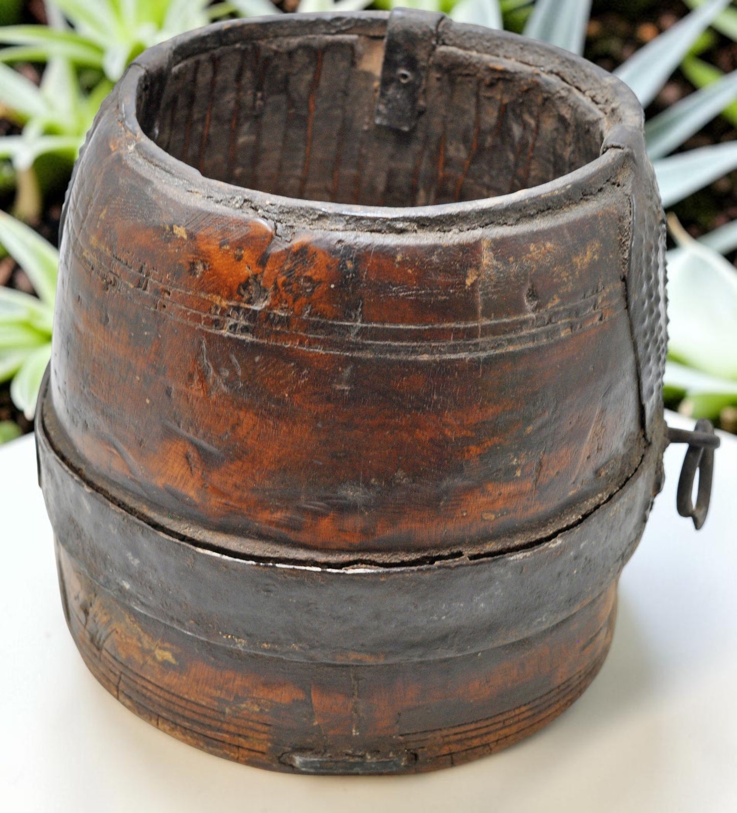 Antique Wooden Grain Measurement Pot Original Old Hand Carved Metal Fitted