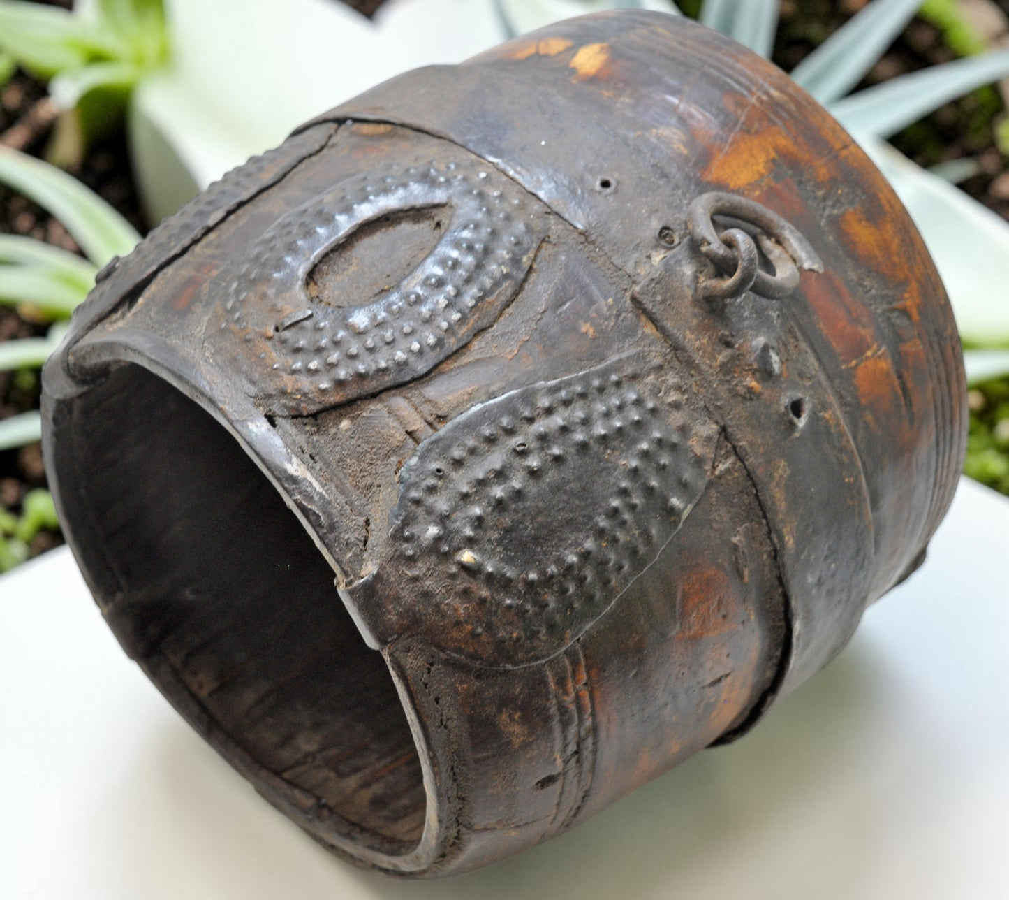 Antique Wooden Grain Measurement Pot Original Old Hand Carved Metal Fitted