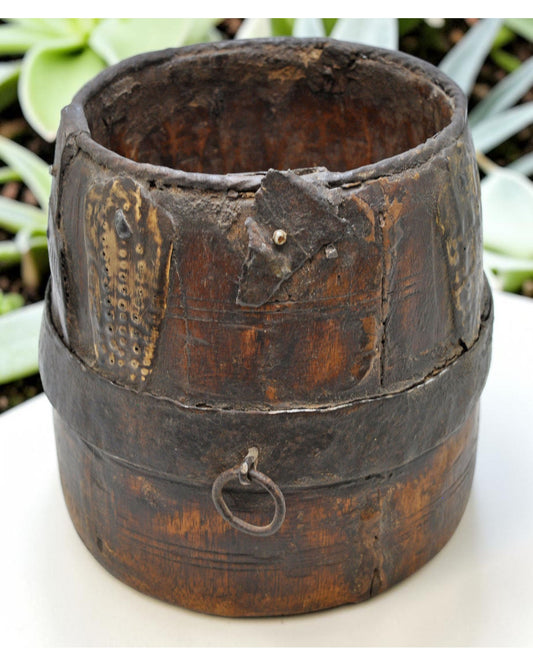 Antique Wooden Grain Measurement Pot Original Old Hand Carved Metal Fitted
