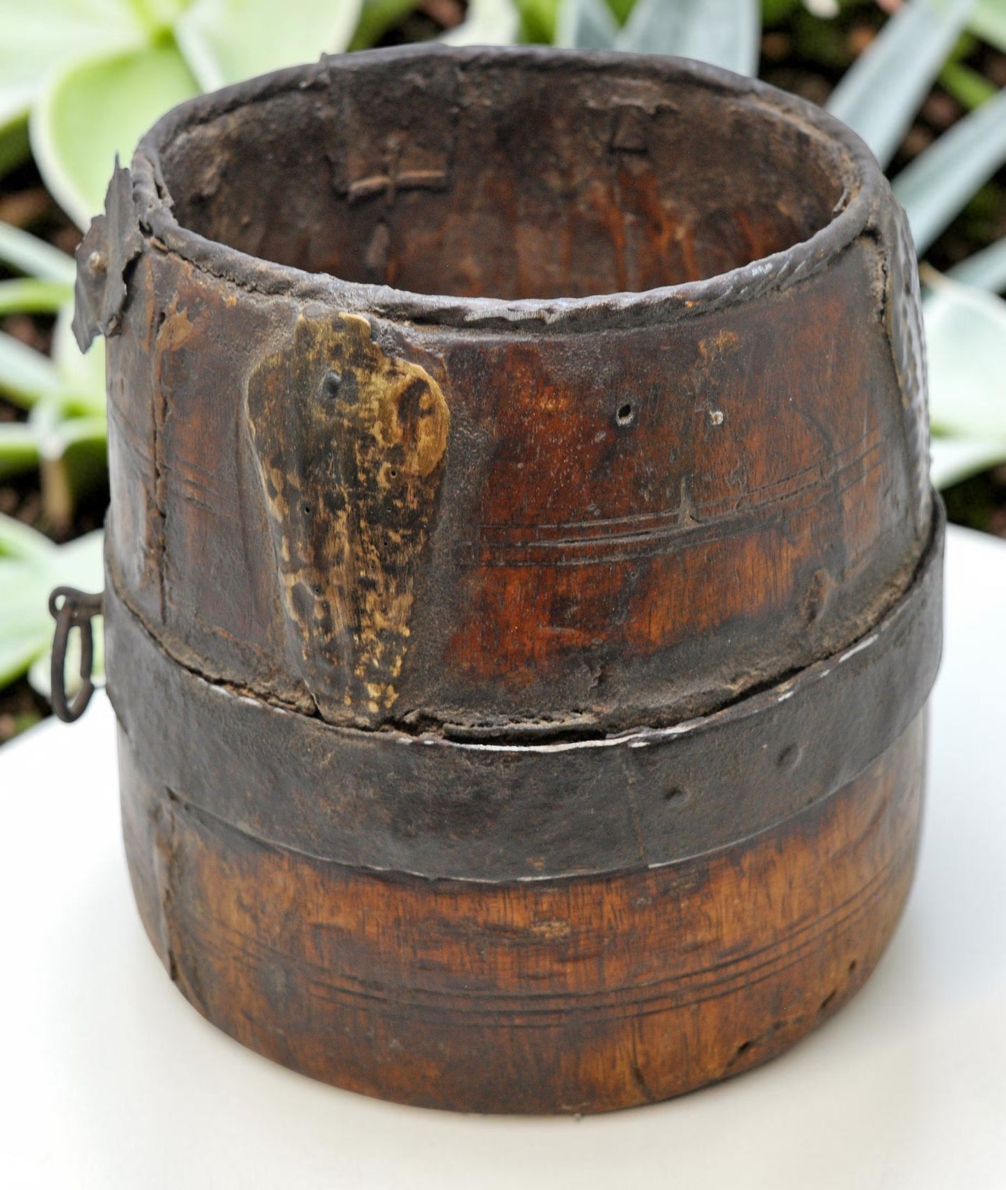 Antique Wooden Grain Measurement Pot Original Old Hand Carved Metal Fitted