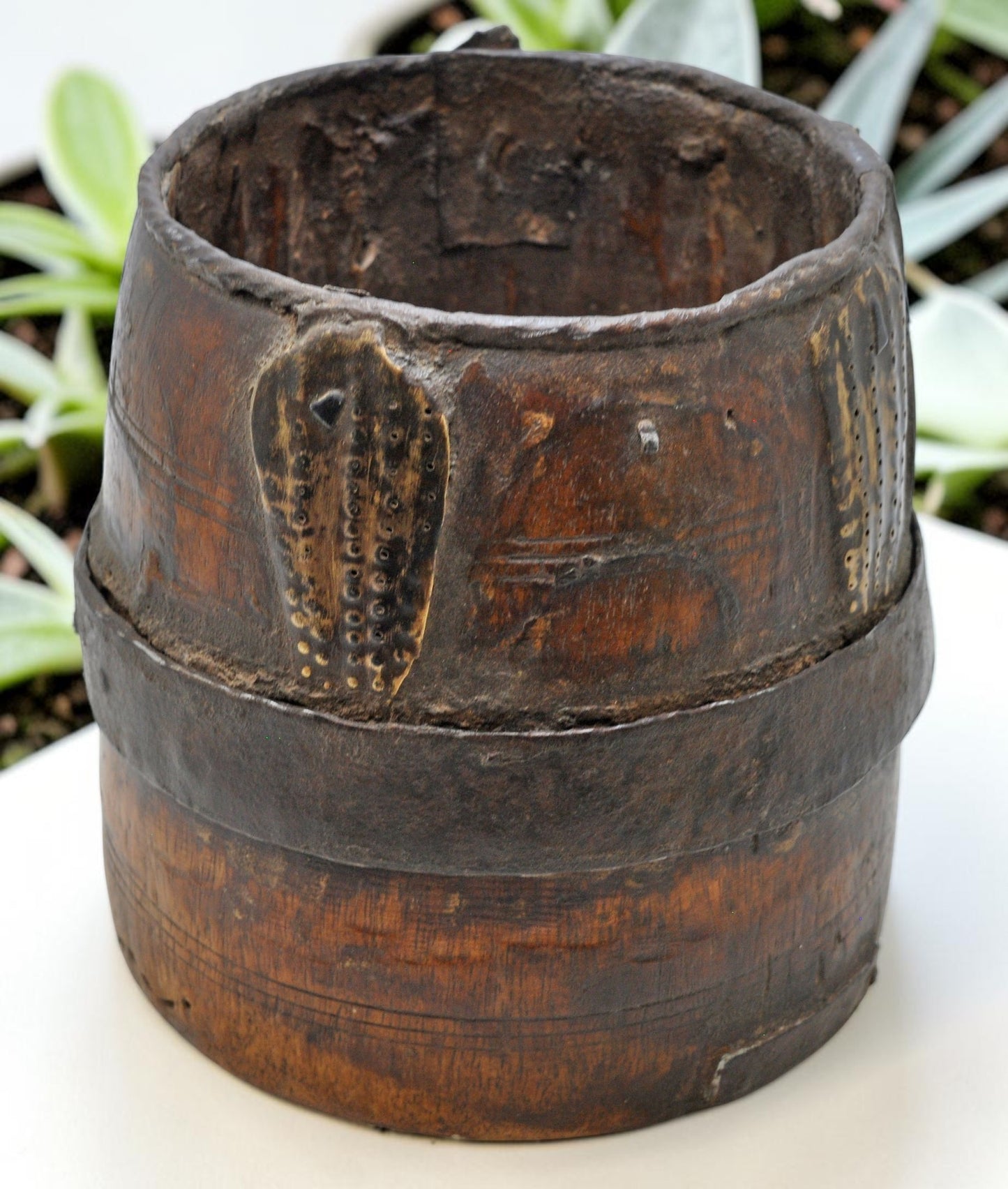 Antique Wooden Grain Measurement Pot Original Old Hand Carved Metal Fitted
