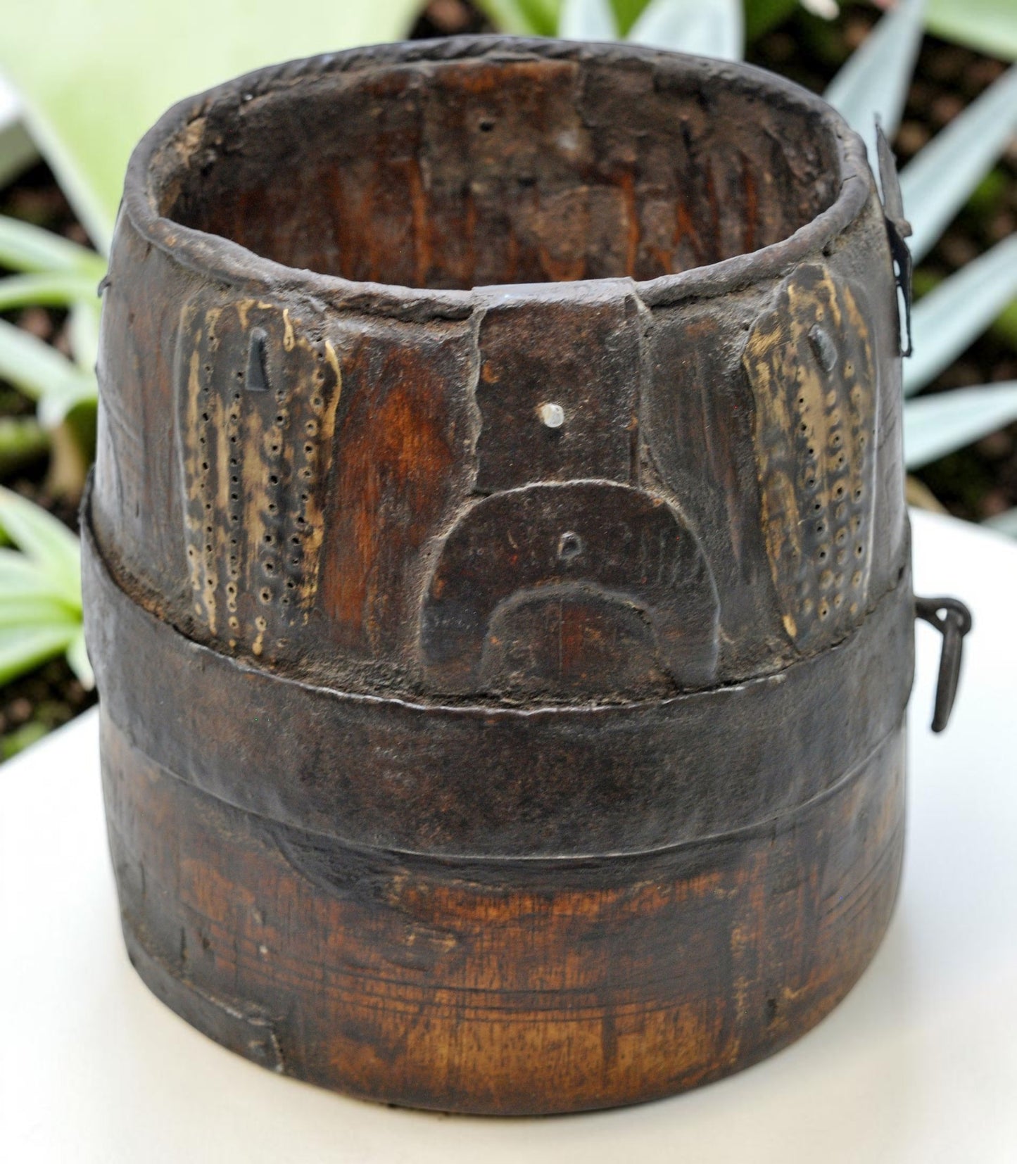 Antique Wooden Grain Measurement Pot Original Old Hand Carved Metal Fitted