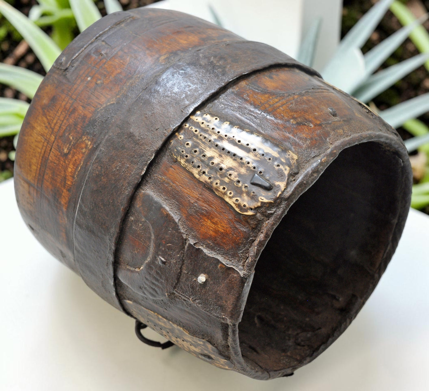 Antique Wooden Grain Measurement Pot Original Old Hand Carved Metal Fitted