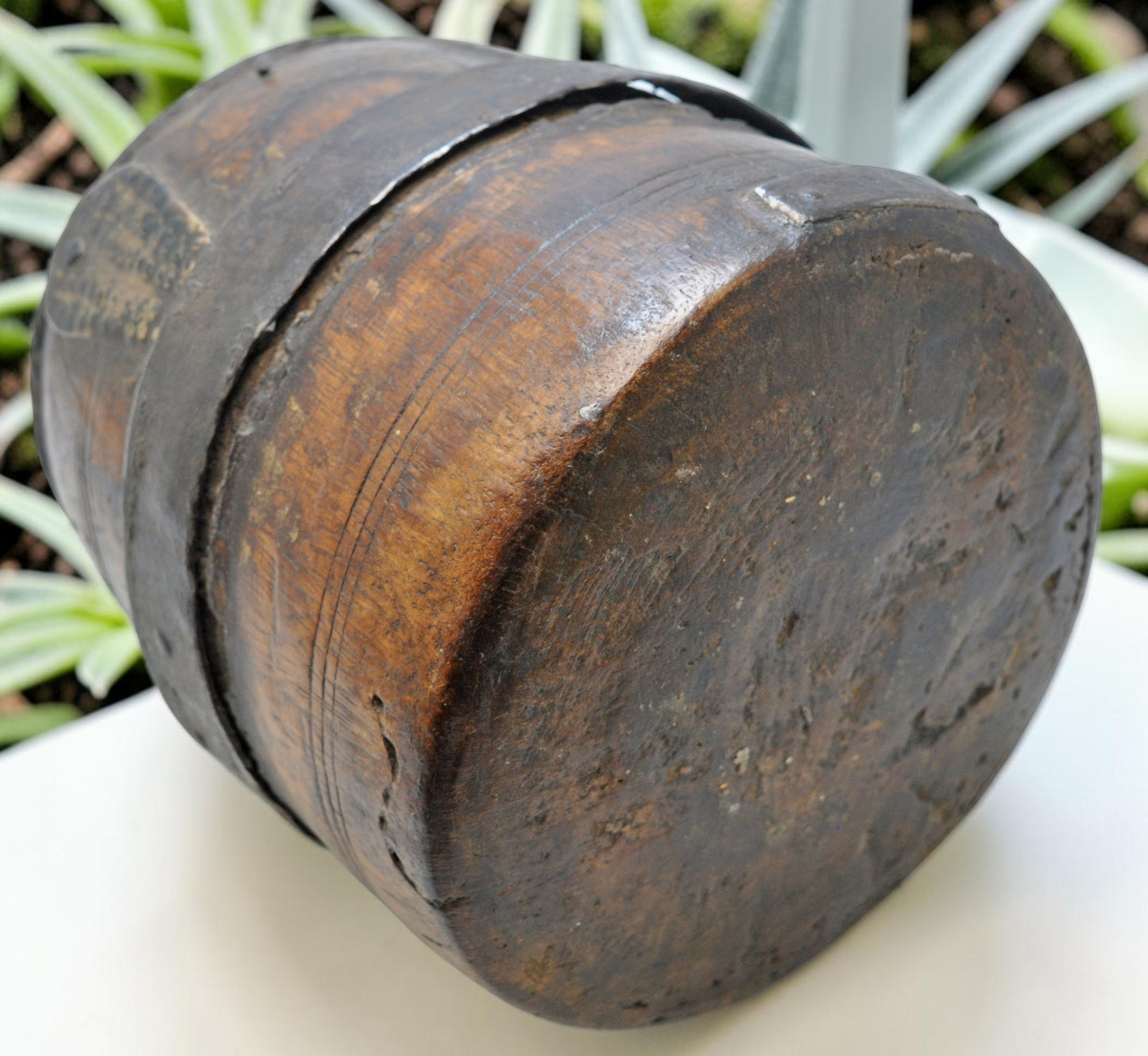 Antique Wooden Grain Measurement Pot Original Old Hand Carved Metal Fitted