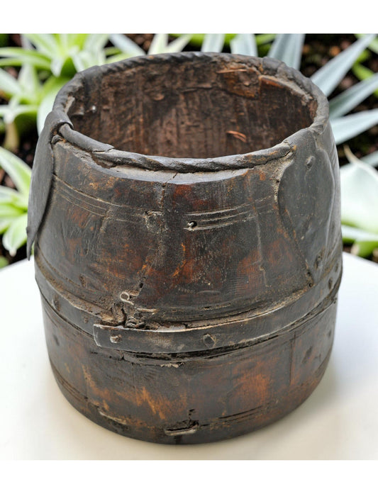 Antique Wooden Grain Measurement Pot Original Old Hand Carved Metal Fitted