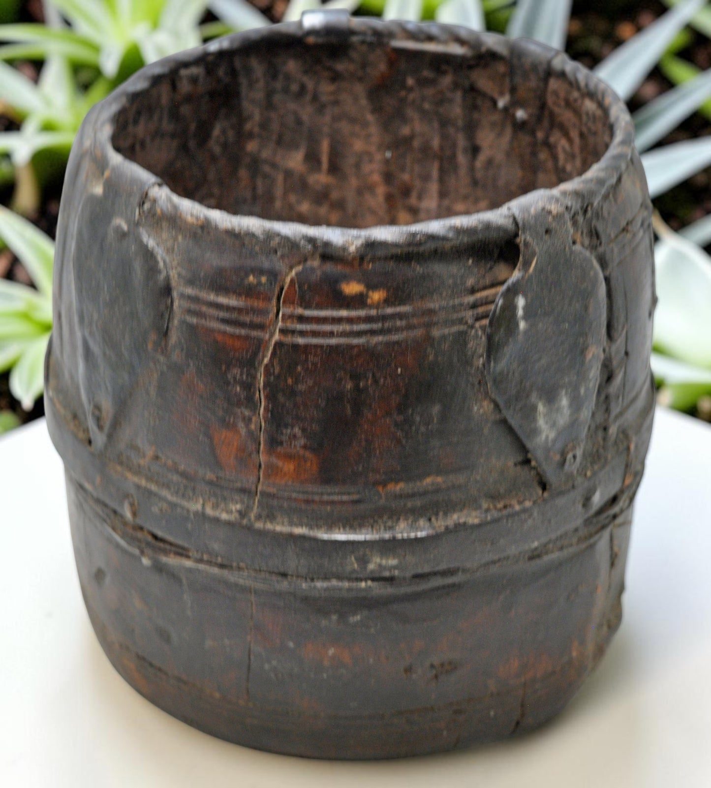 Antique Wooden Grain Measurement Pot Original Old Hand Carved Metal Fitted