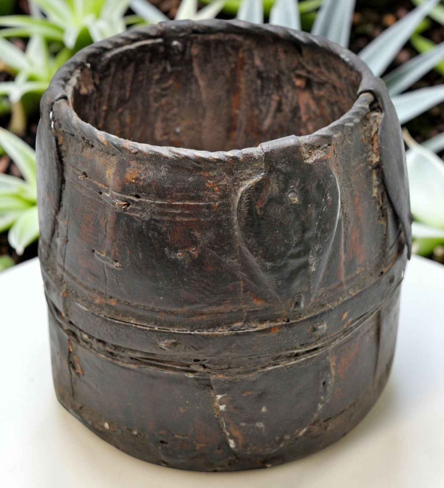 Antique Wooden Grain Measurement Pot Original Old Hand Carved Metal Fitted