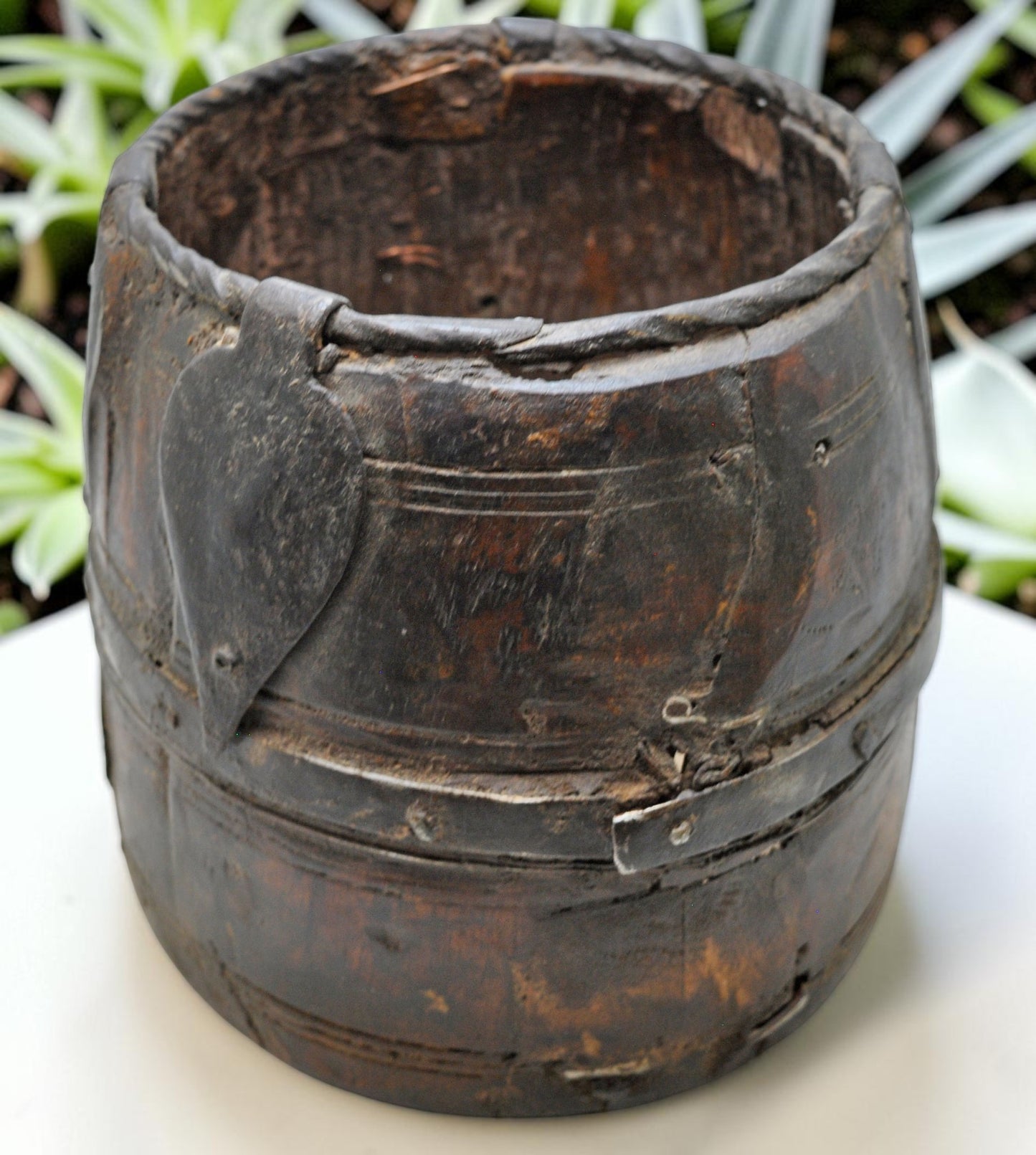 Antique Wooden Grain Measurement Pot Original Old Hand Carved Metal Fitted
