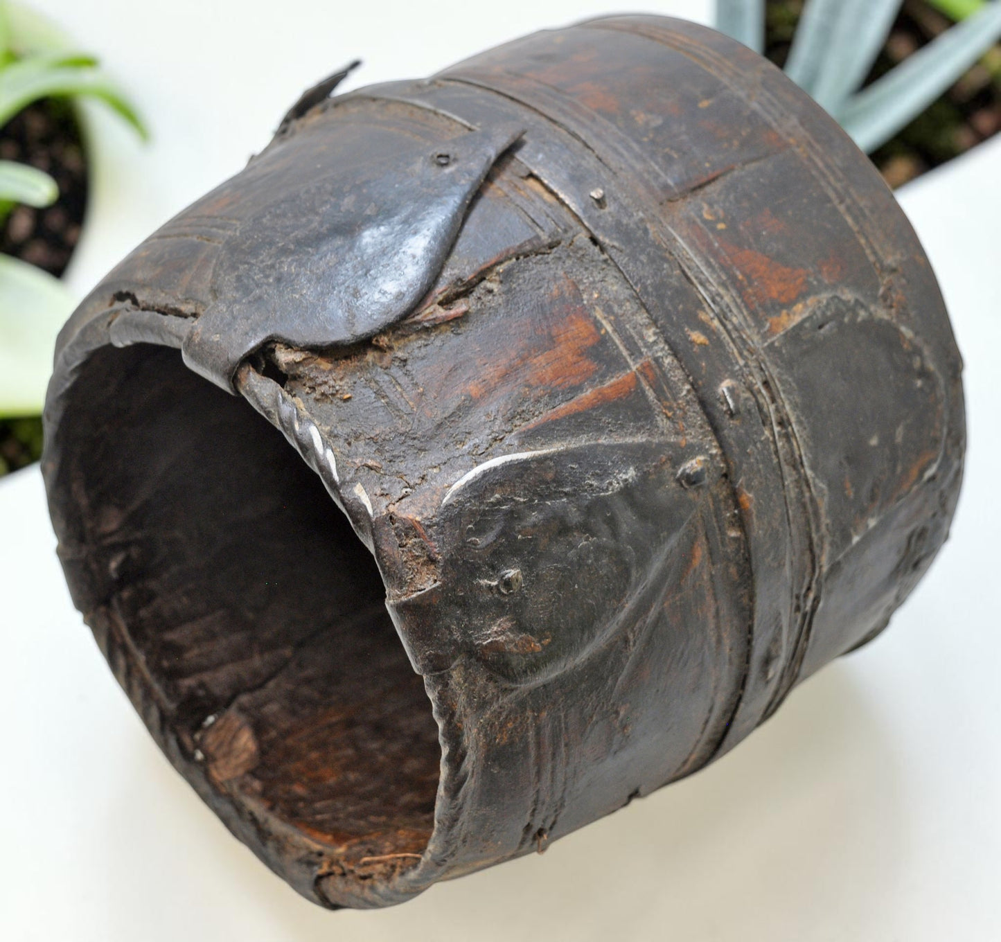Antique Wooden Grain Measurement Pot Original Old Hand Carved Metal Fitted