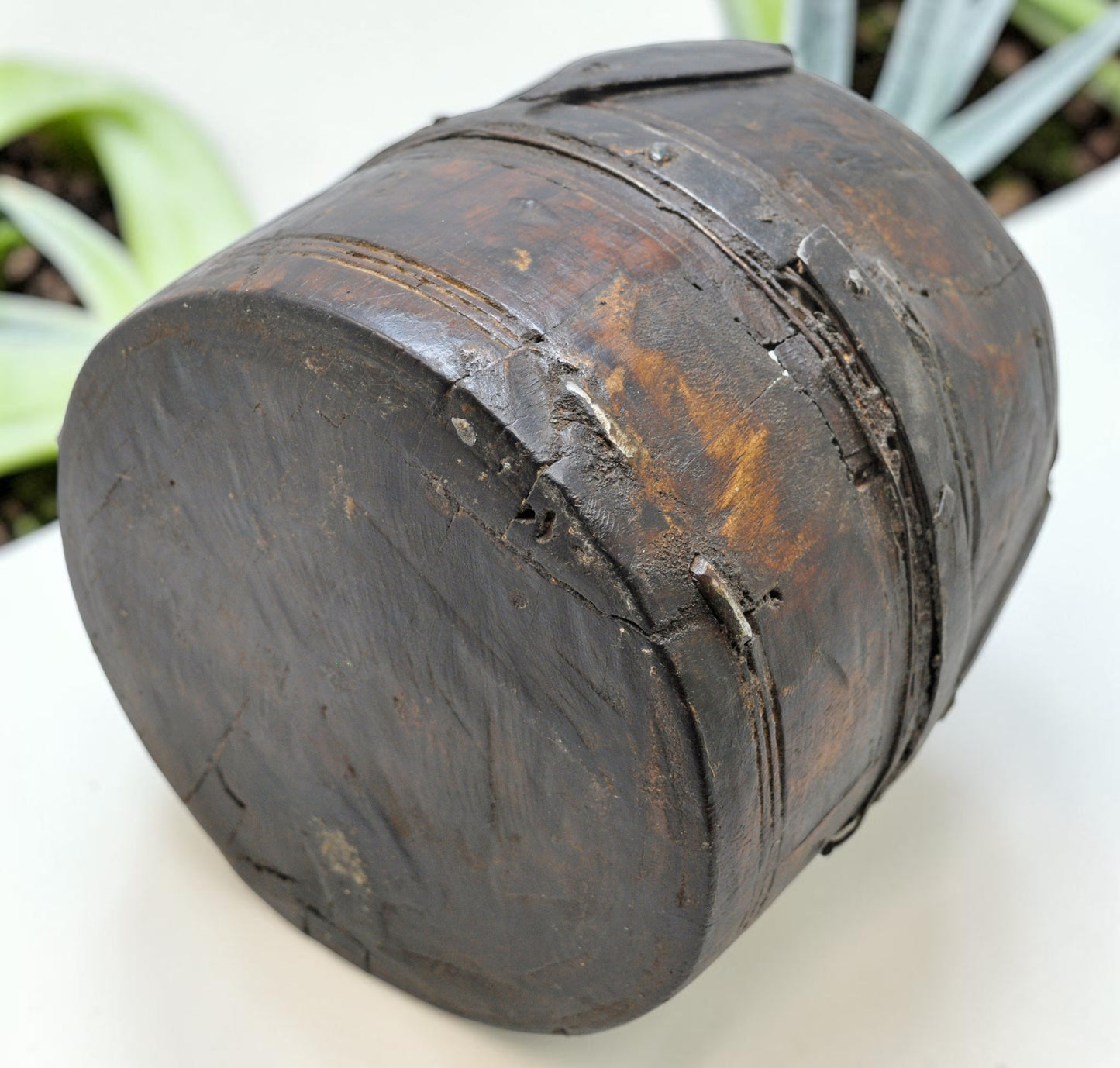 Antique Wooden Grain Measurement Pot Original Old Hand Carved Metal Fitted