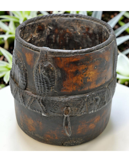 Antique Wooden Grain Measurement Pot Original Old Hand Carved Metal Fitted