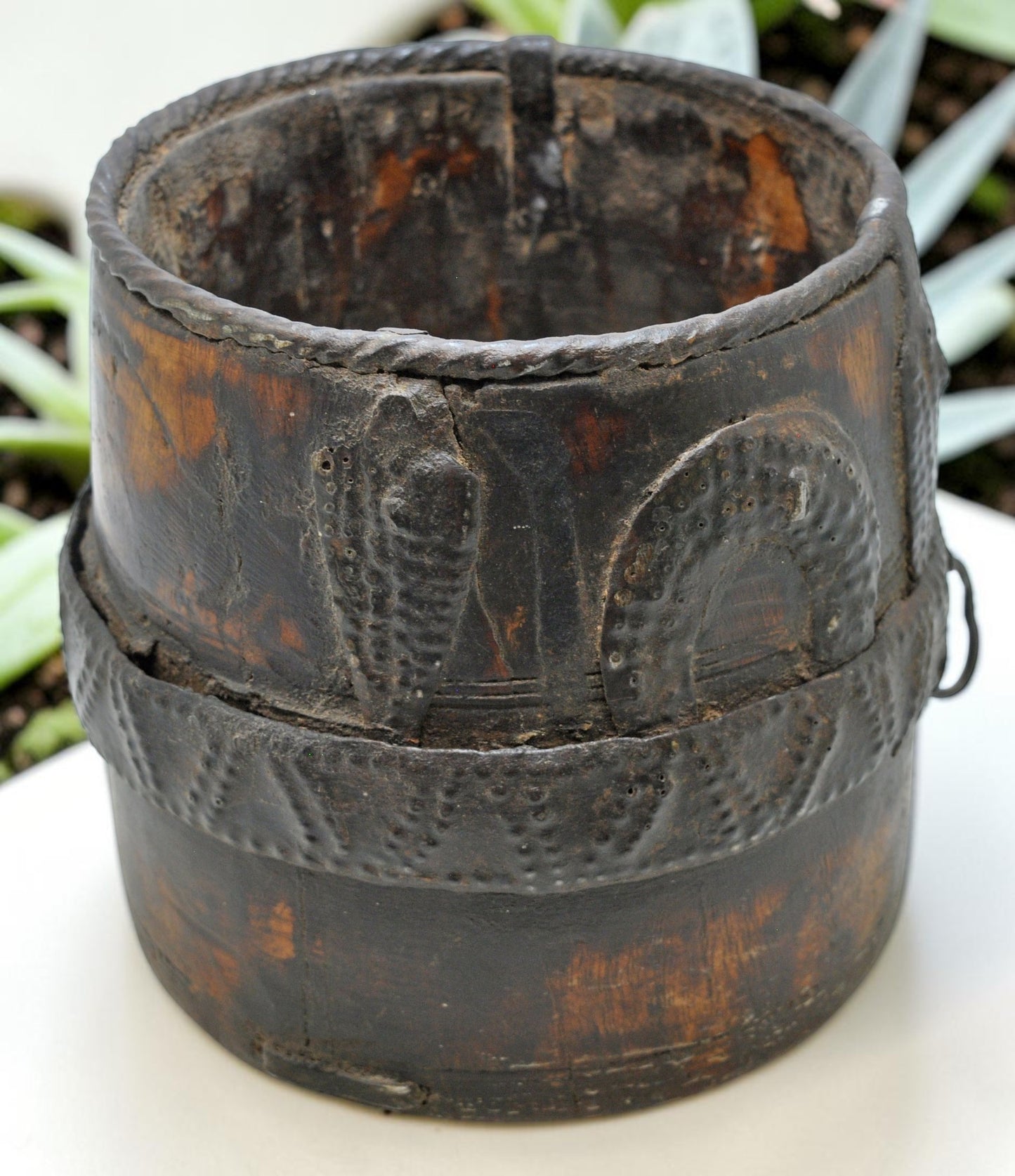 Antique Wooden Grain Measurement Pot Original Old Hand Carved Metal Fitted