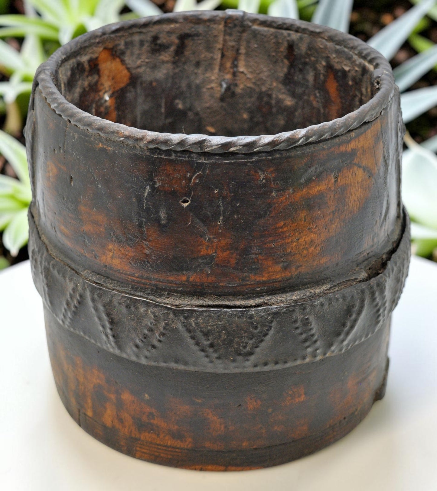 Antique Wooden Grain Measurement Pot Original Old Hand Carved Metal Fitted
