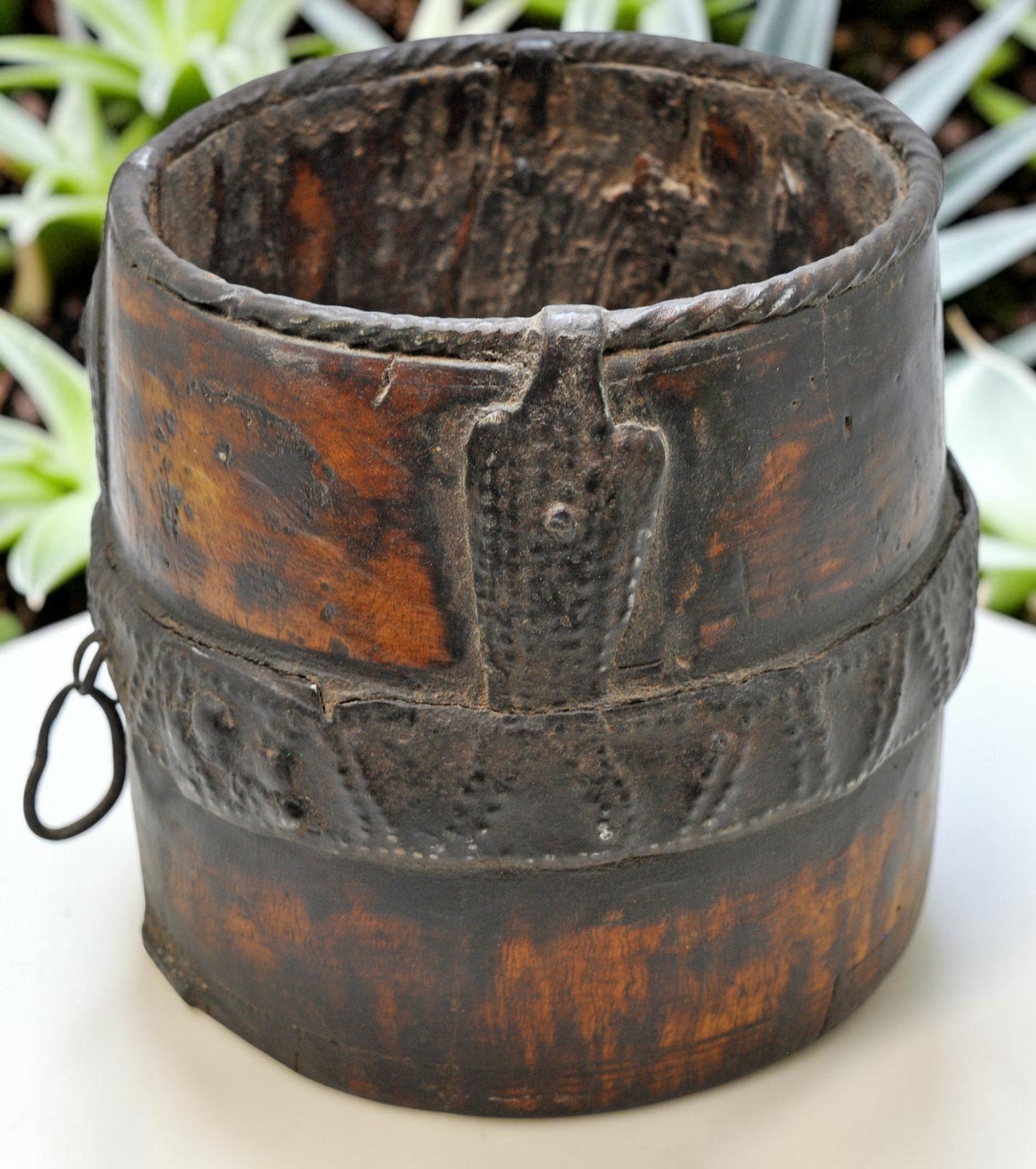 Antique Wooden Grain Measurement Pot Original Old Hand Carved Metal Fitted