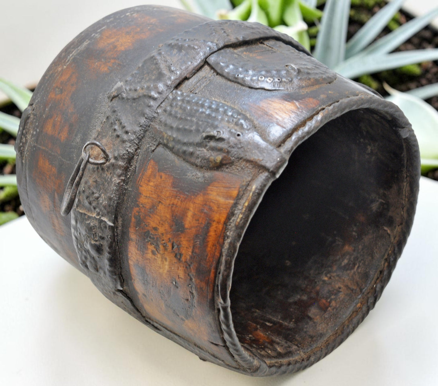 Antique Wooden Grain Measurement Pot Original Old Hand Carved Metal Fitted