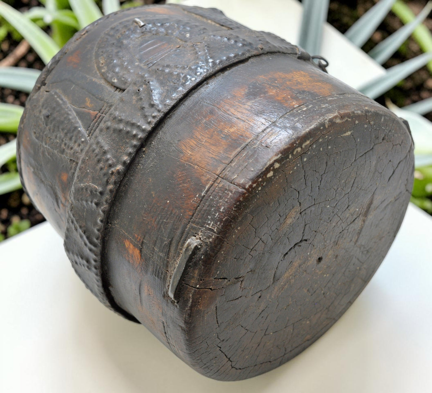 Antique Wooden Grain Measurement Pot Original Old Hand Carved Metal Fitted