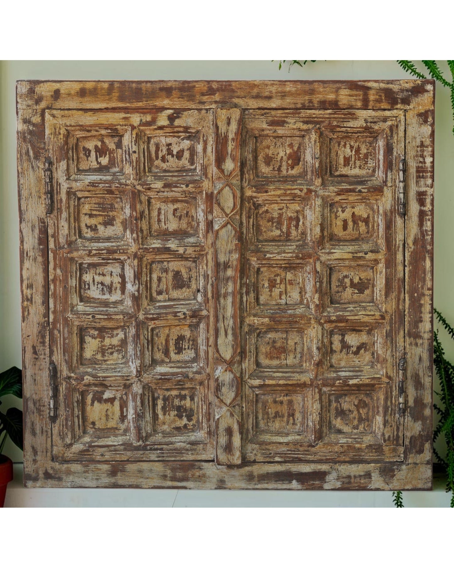 Antique Wooden Wall Décor Window Panel Frame Original Old Fine Squares Design