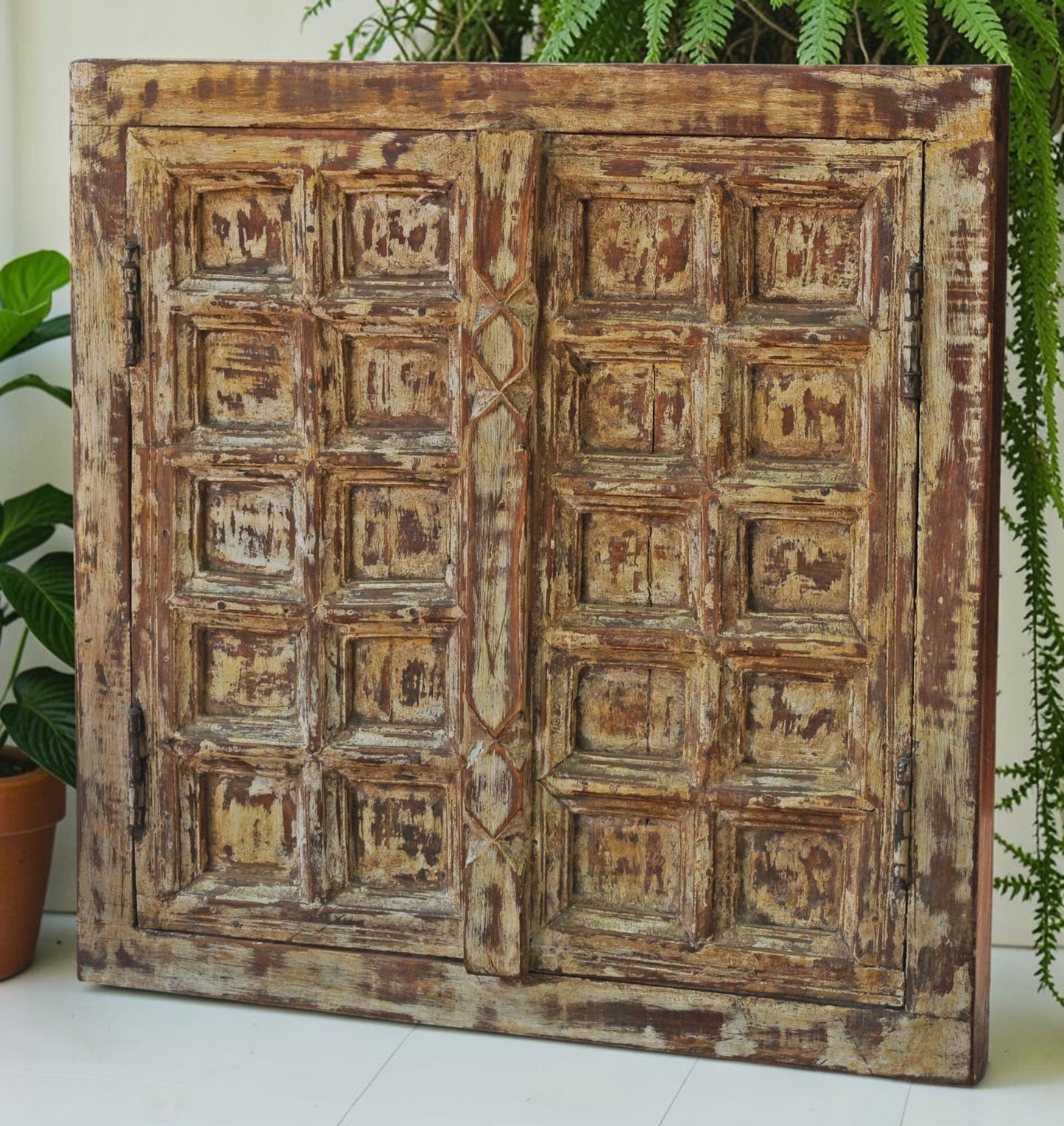 Antique Wooden Wall Décor Window Panel Frame Original Old Fine Squares Design