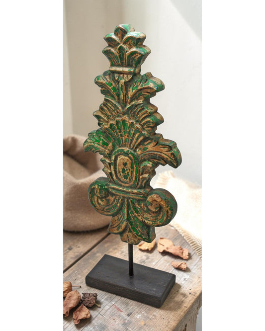 Fine Hand Carved Wooden Flower Carving Panel Plaque Rustic Painted Green