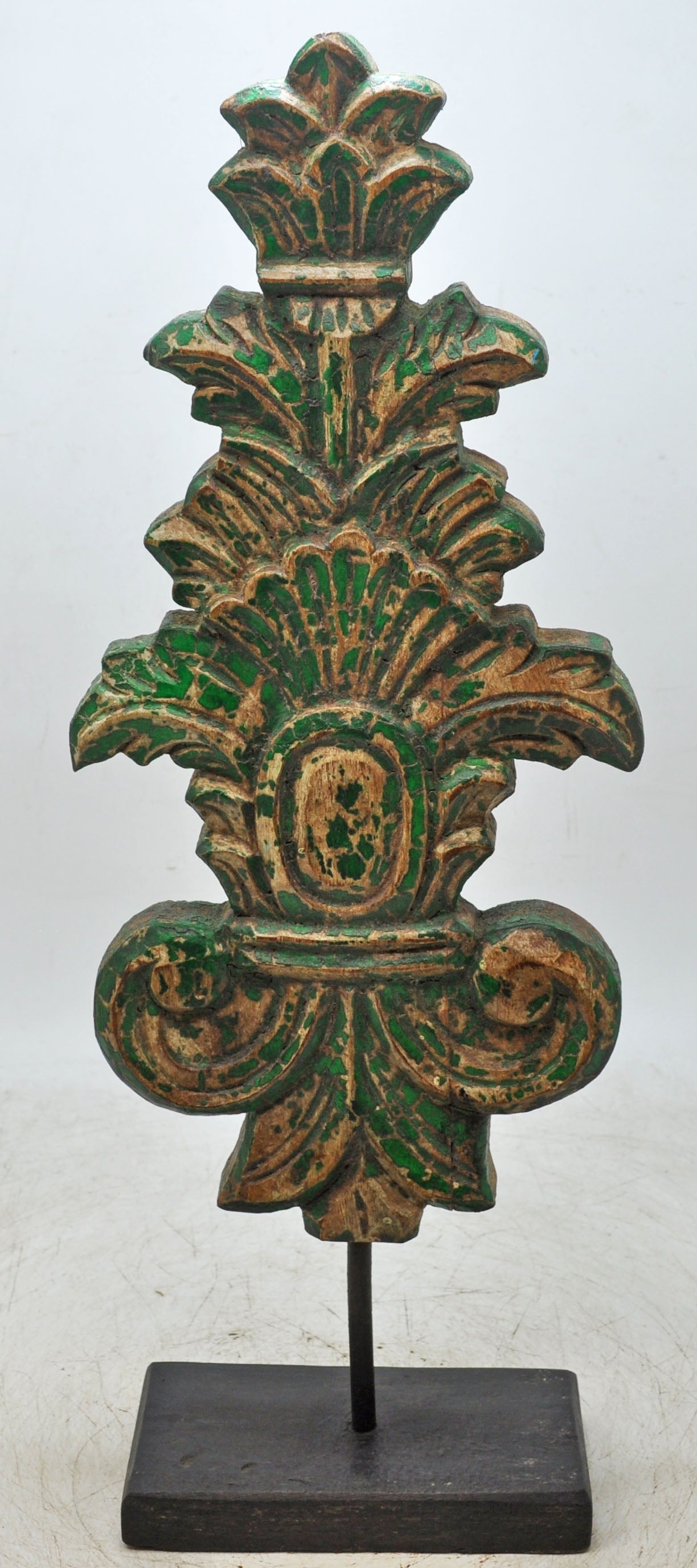 Fine Hand Carved Wooden Flower Carving Panel Plaque Rustic Painted Green