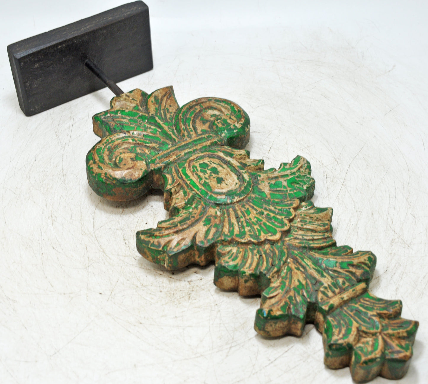 Fine Hand Carved Wooden Flower Carving Panel Plaque Rustic Painted Green