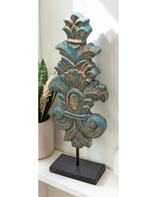 Fine Hand Carved Wooden Flower Carving Panel Plaque Rustic Painted Blue