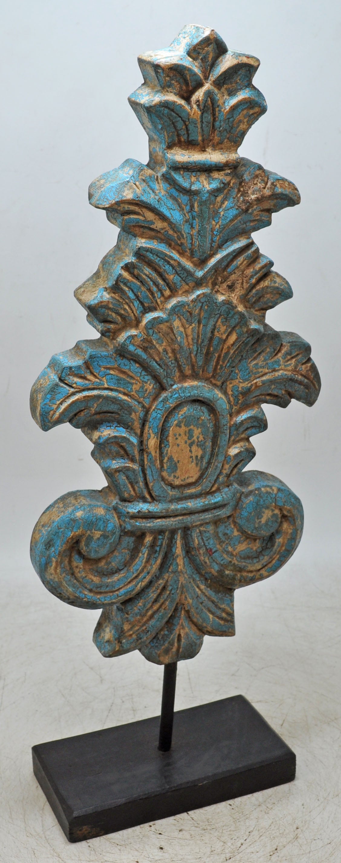 Fine Hand Carved Wooden Flower Carving Panel Plaque Rustic Painted Blue