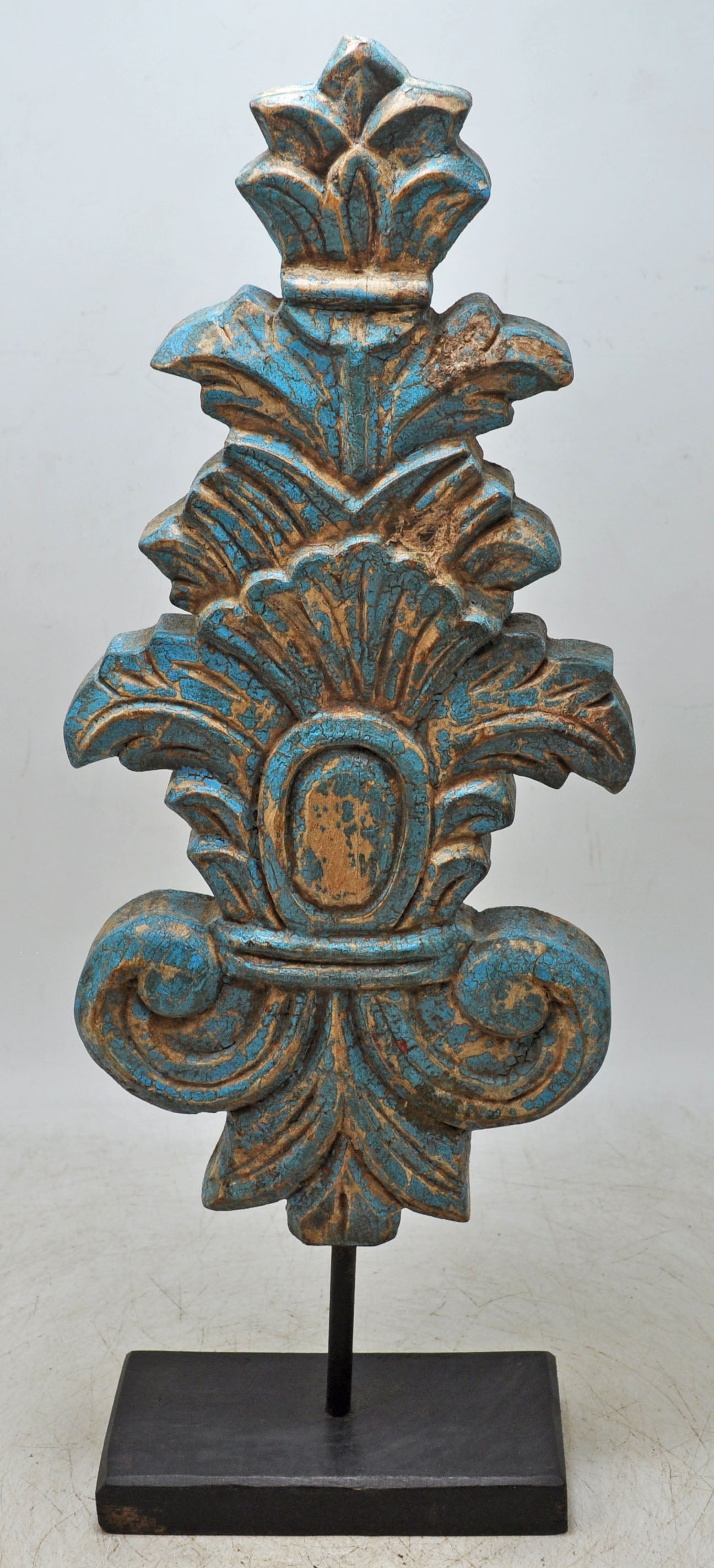 Fine Hand Carved Wooden Flower Carving Panel Plaque Rustic Painted Blue