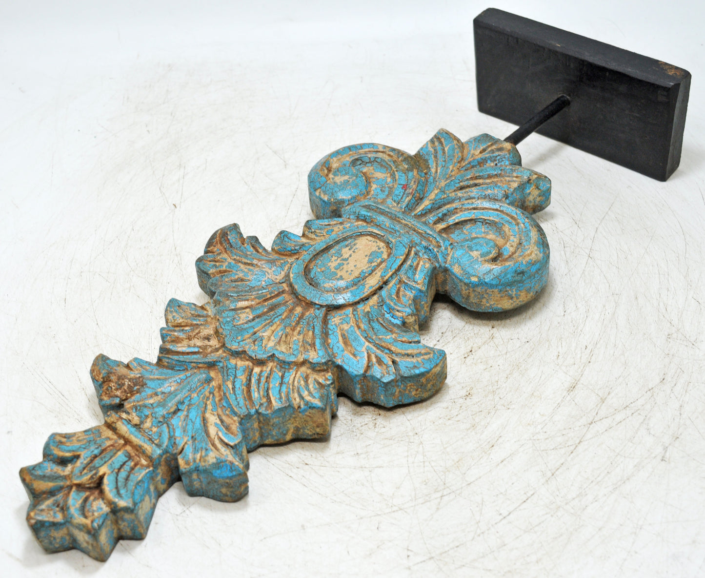 Fine Hand Carved Wooden Flower Carving Panel Plaque Rustic Painted Blue