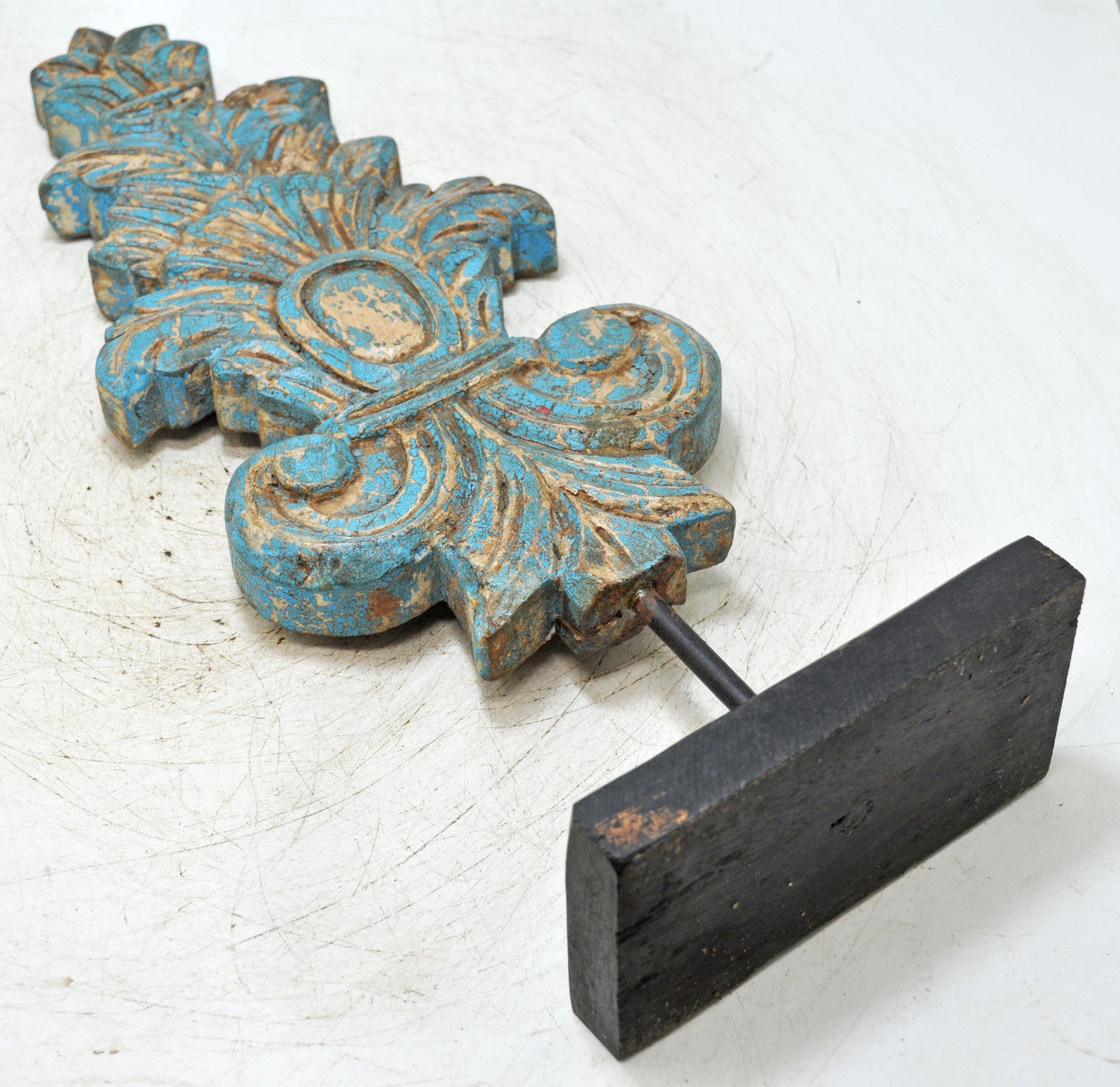 Fine Hand Carved Wooden Flower Carving Panel Plaque Rustic Painted Blue
