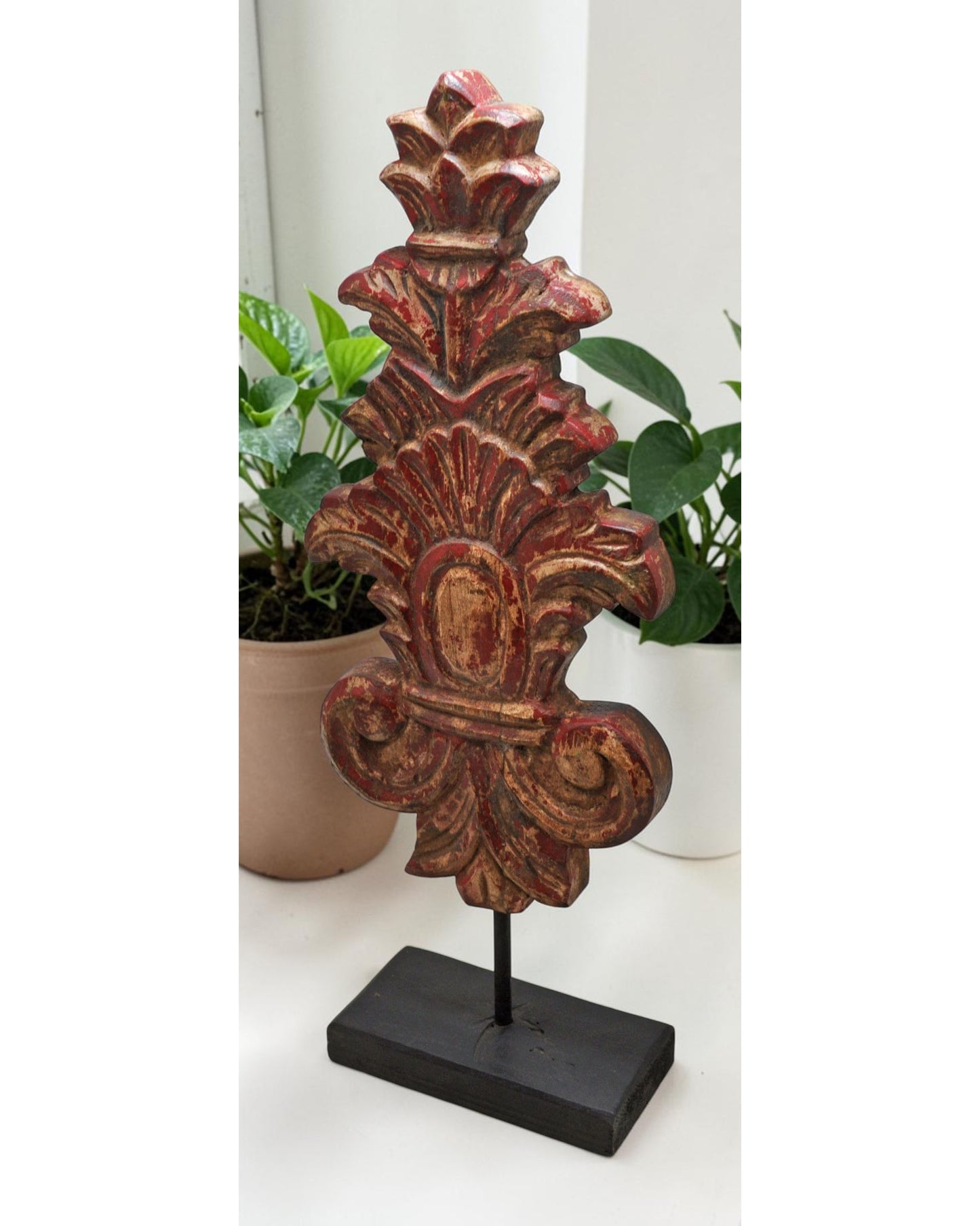 Fine Hand Carved Wooden Flower Carving Panel Plaque Rustic Painted Red