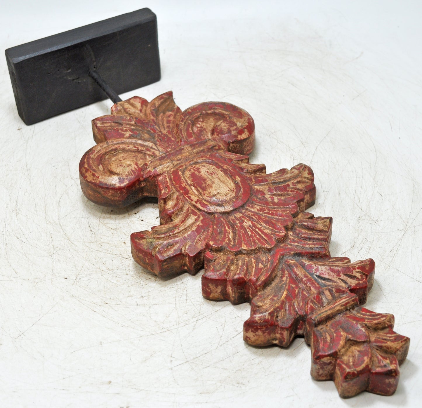 Fine Hand Carved Wooden Flower Carving Panel Plaque Rustic Painted Red